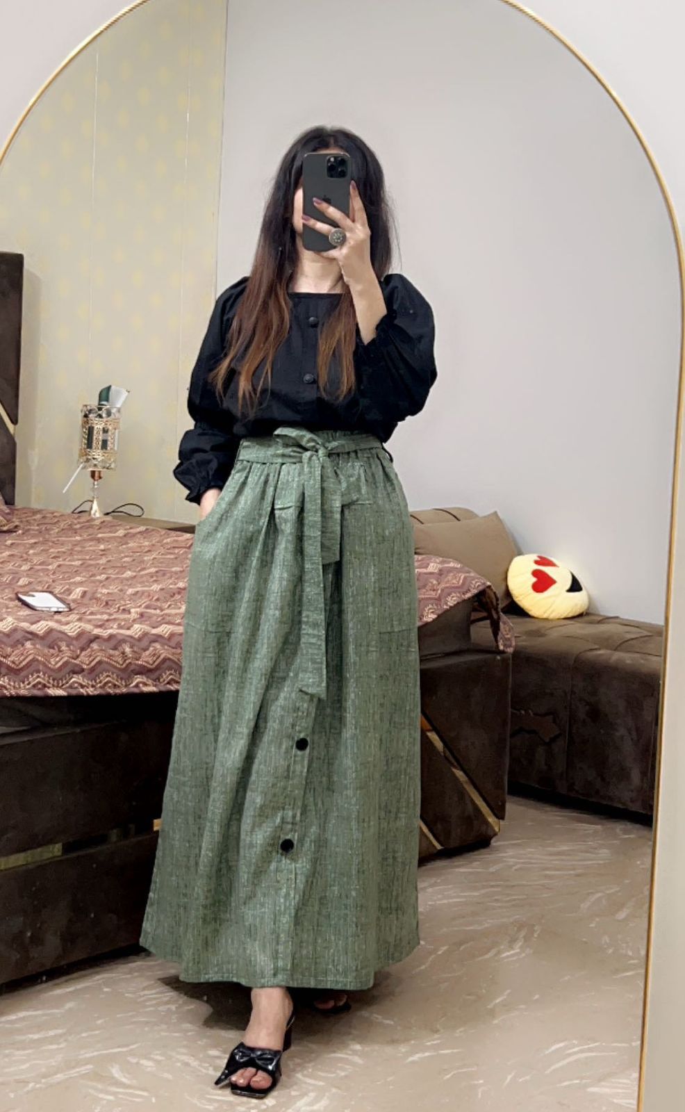 Black Shirt Greenish Pockets Skirt