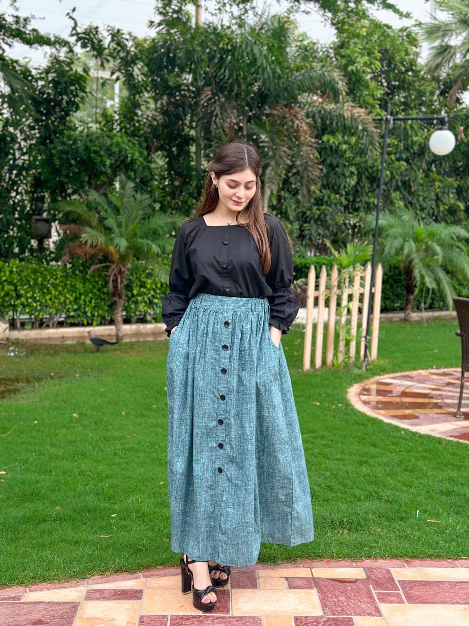 Black Shirt Blue Pockets Skirt