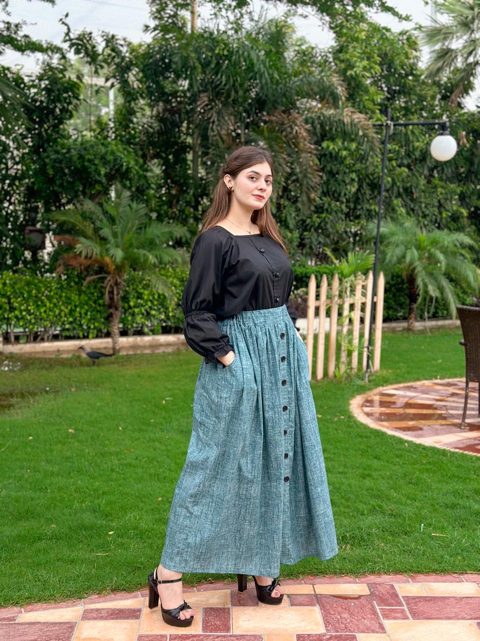 Black Shirt Blue Pockets Skirt