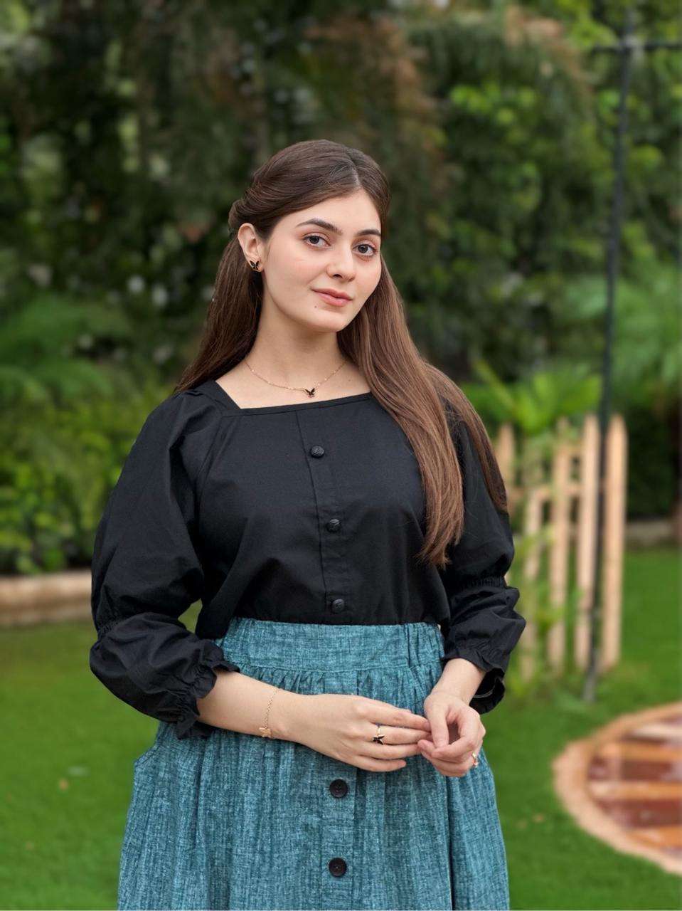 Black Shirt Blue Pockets Skirt