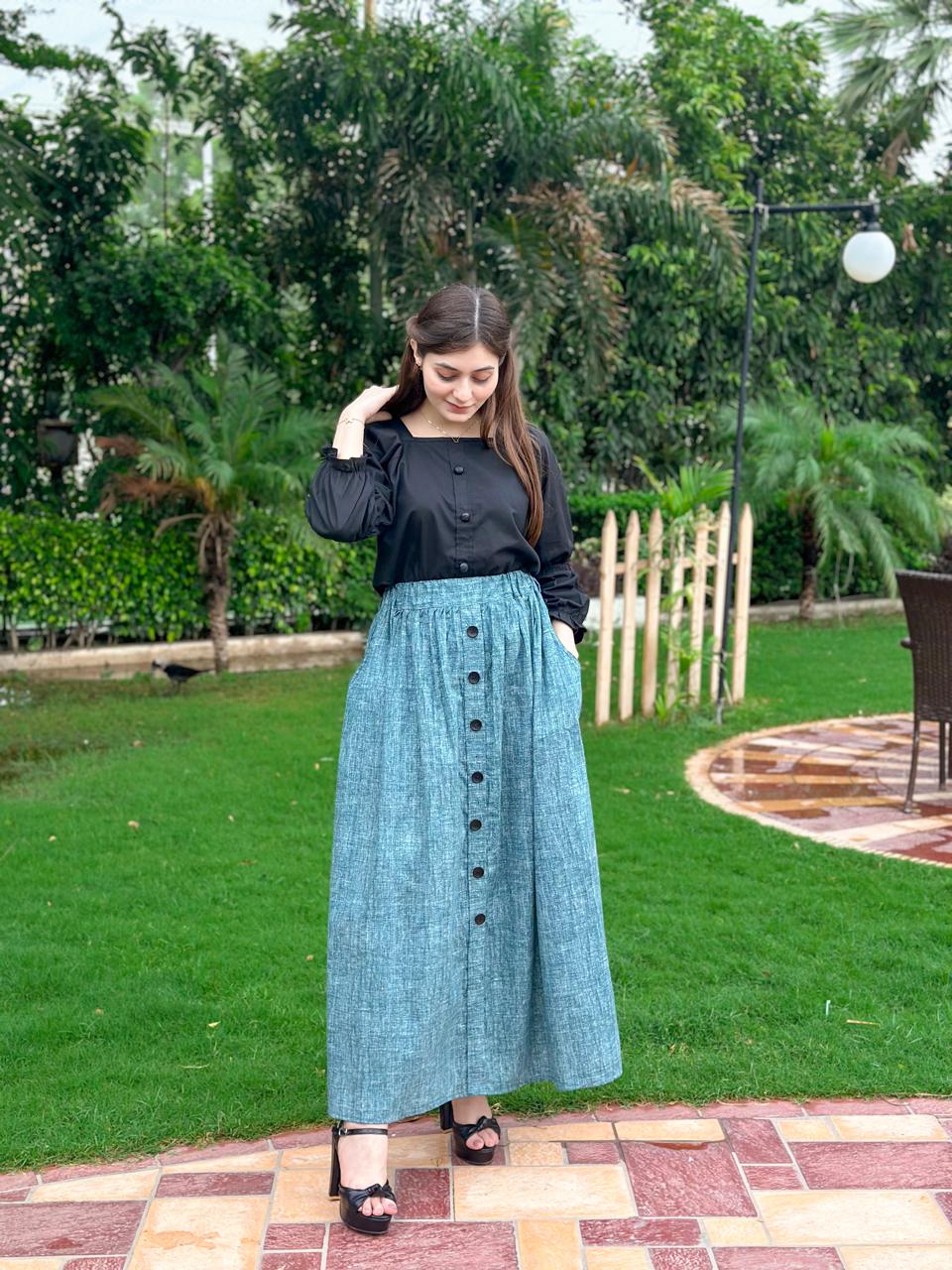 Black Shirt Blue Pockets Skirt