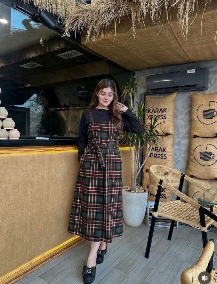 Green red Black Check Strip Square Check Belted Dress With Shirt (Copy)