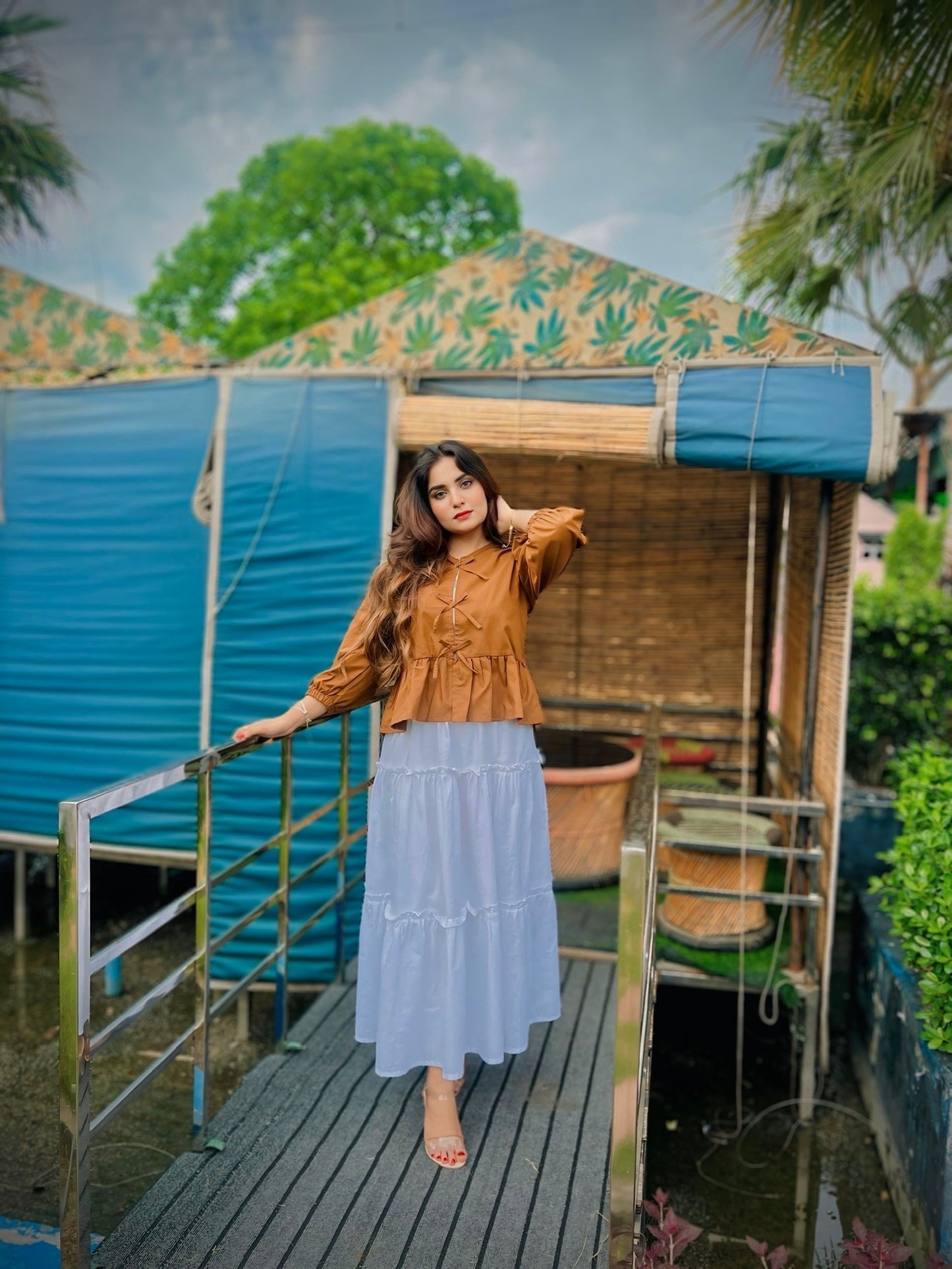 Brown Bow Top White Skirt