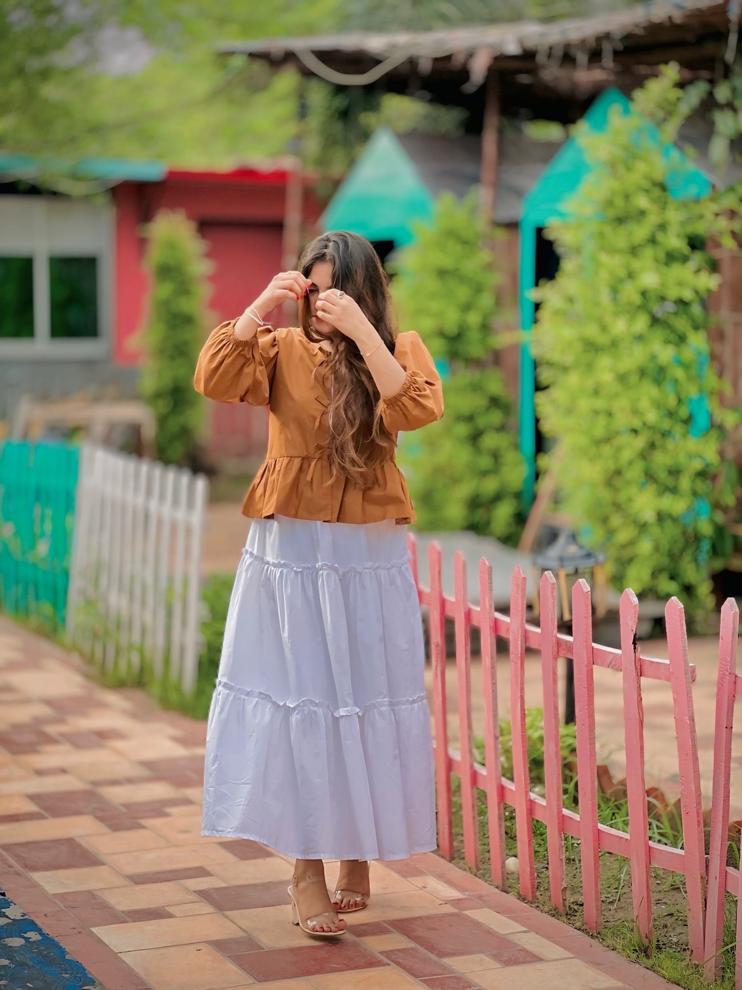 Brown Bow Top White Skirt