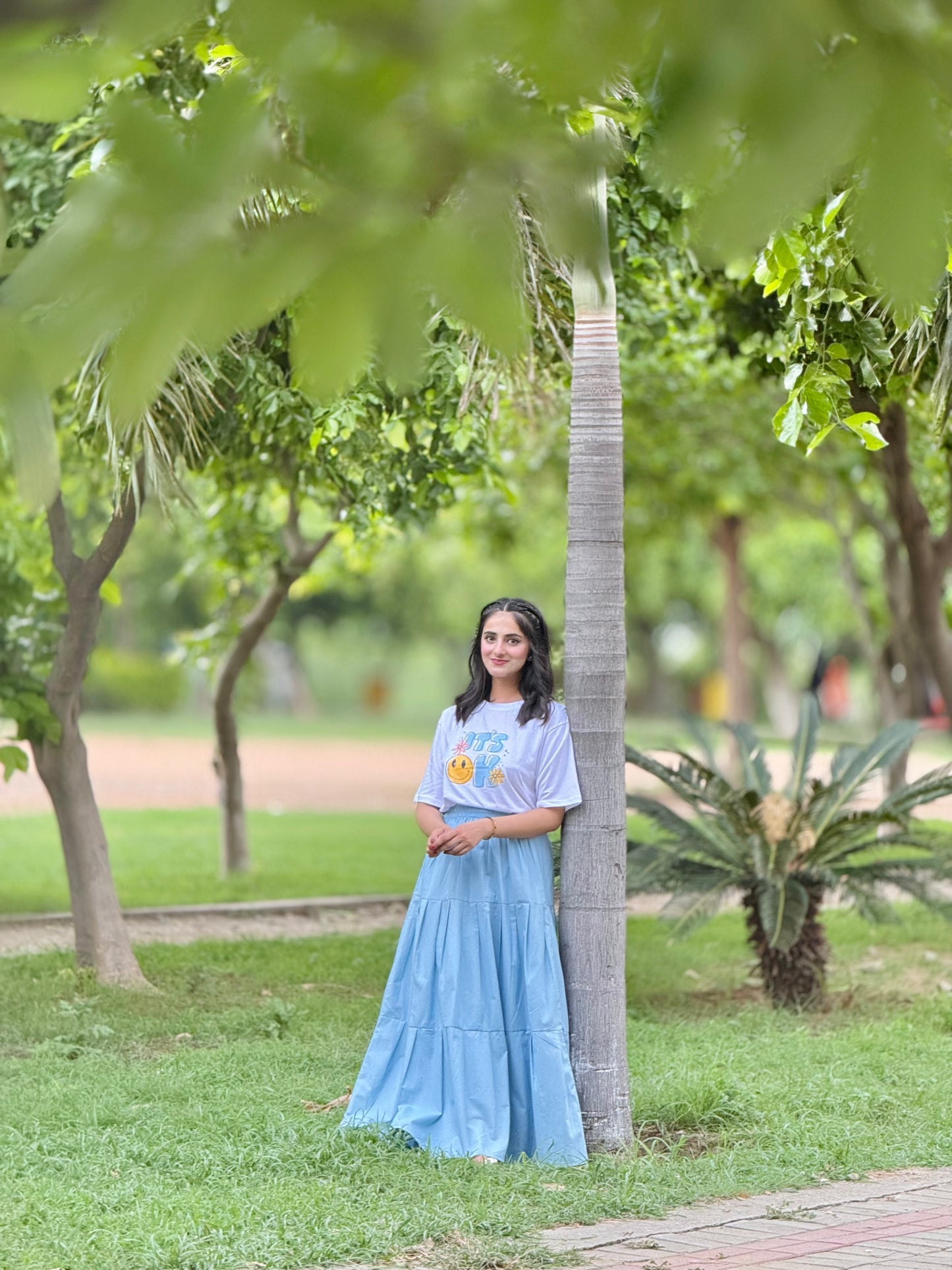 White Printed T-Shirt Sky Skirt