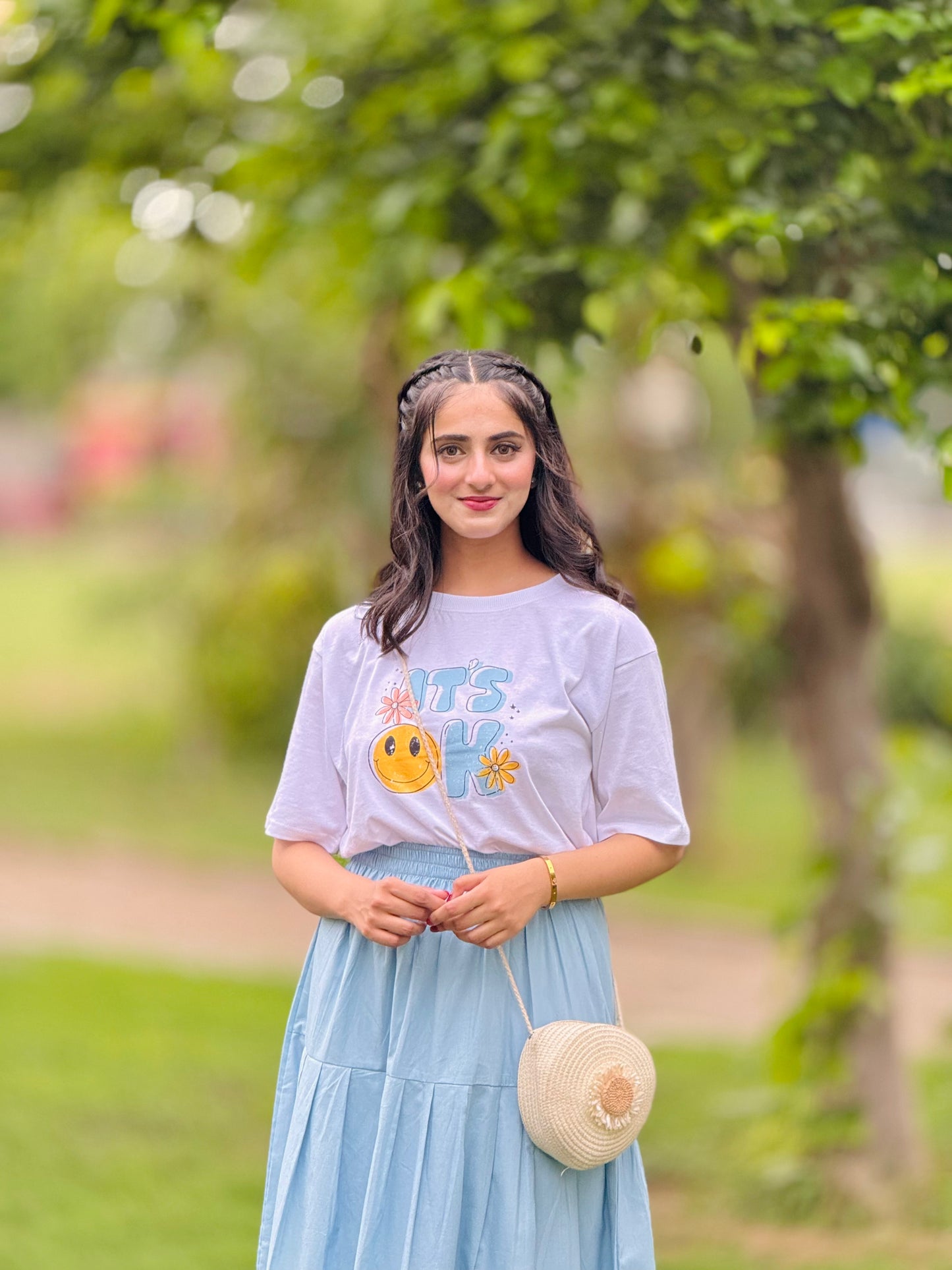 White Printed T-Shirt Sky Skirt