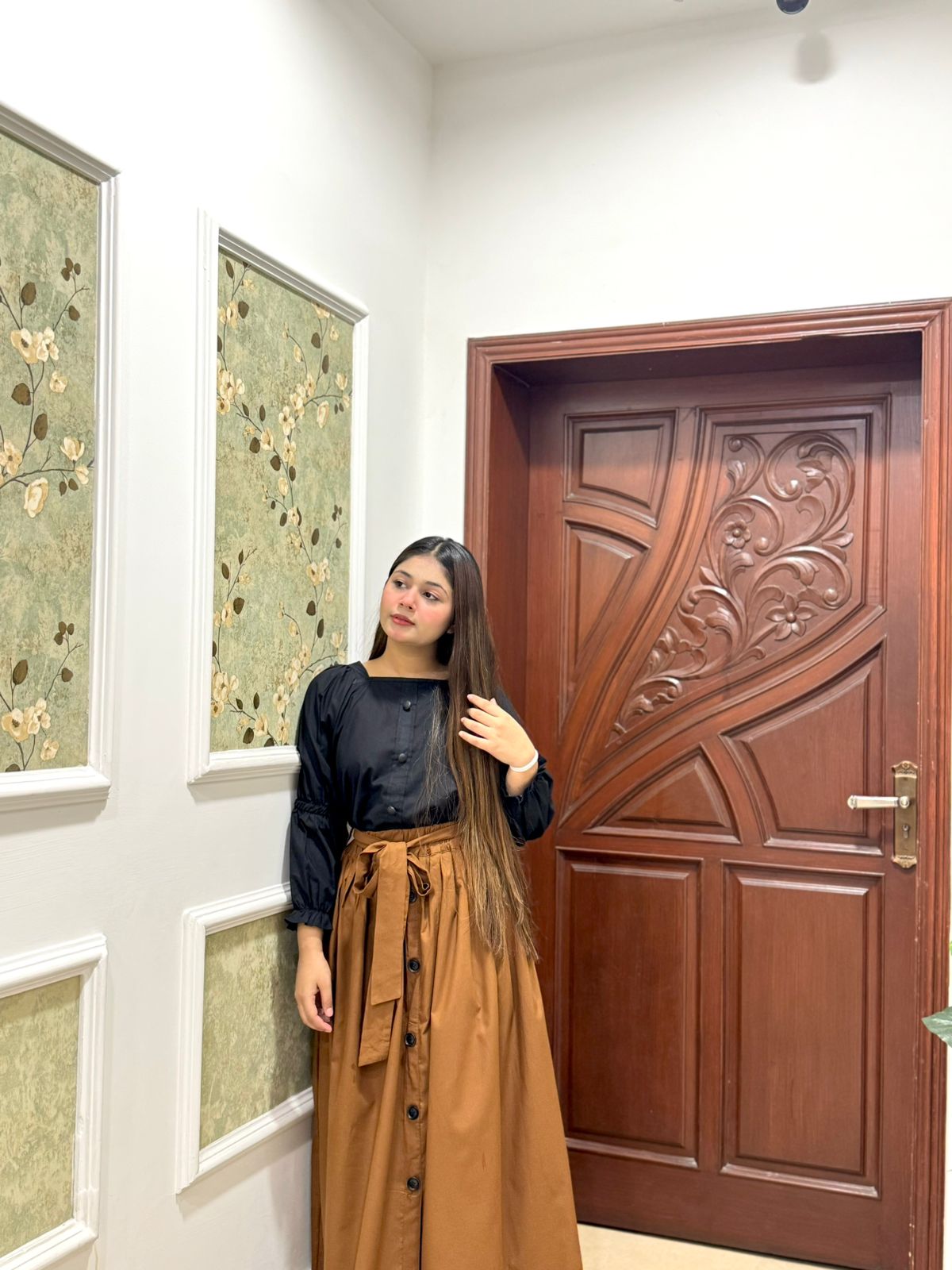 Black Shirt Brown Skirt