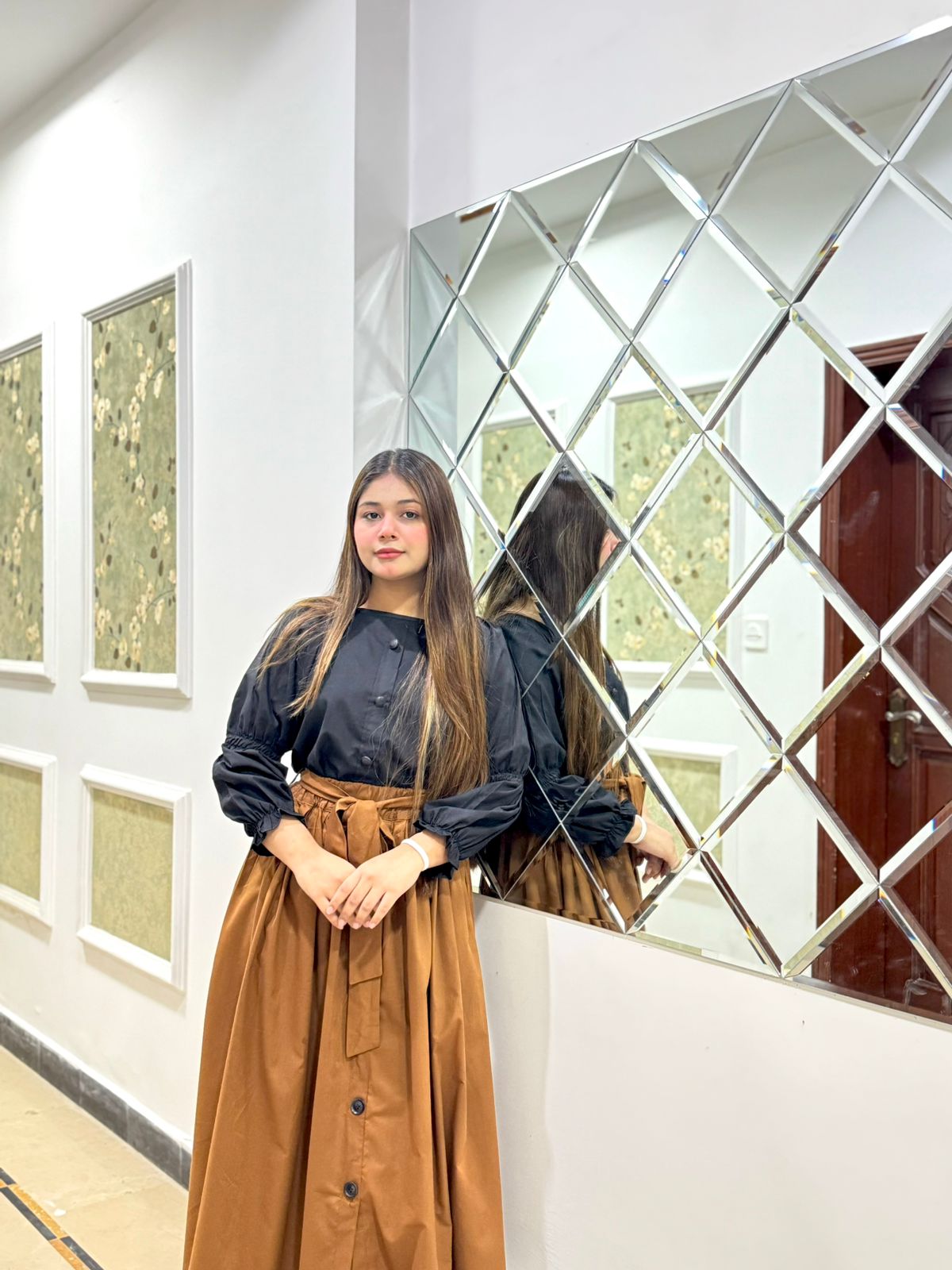 Black Shirt Brown Skirt