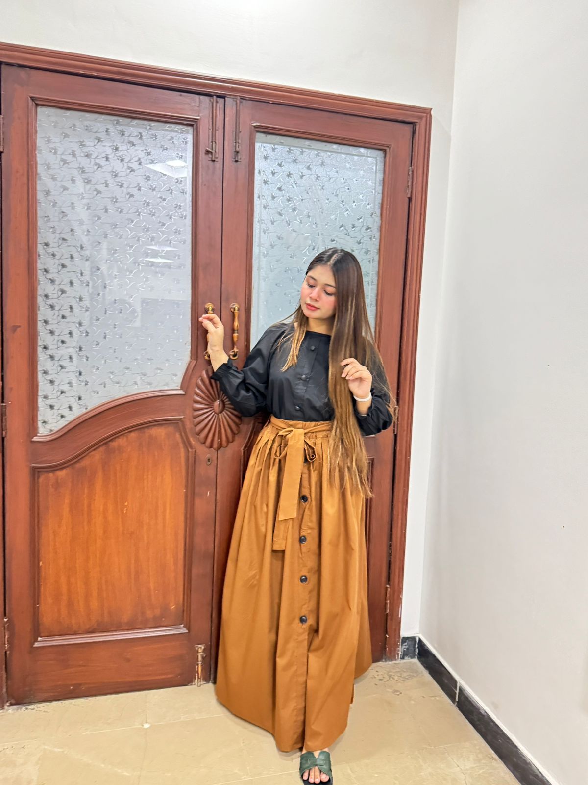 Black Shirt Brown Skirt
