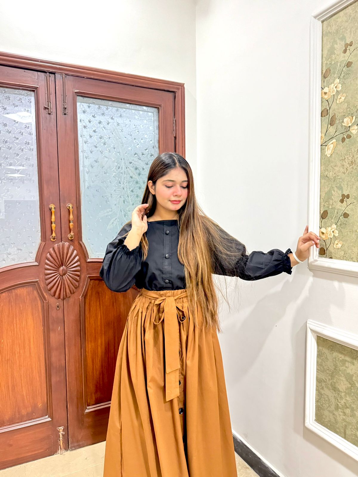 Black Shirt Brown Skirt