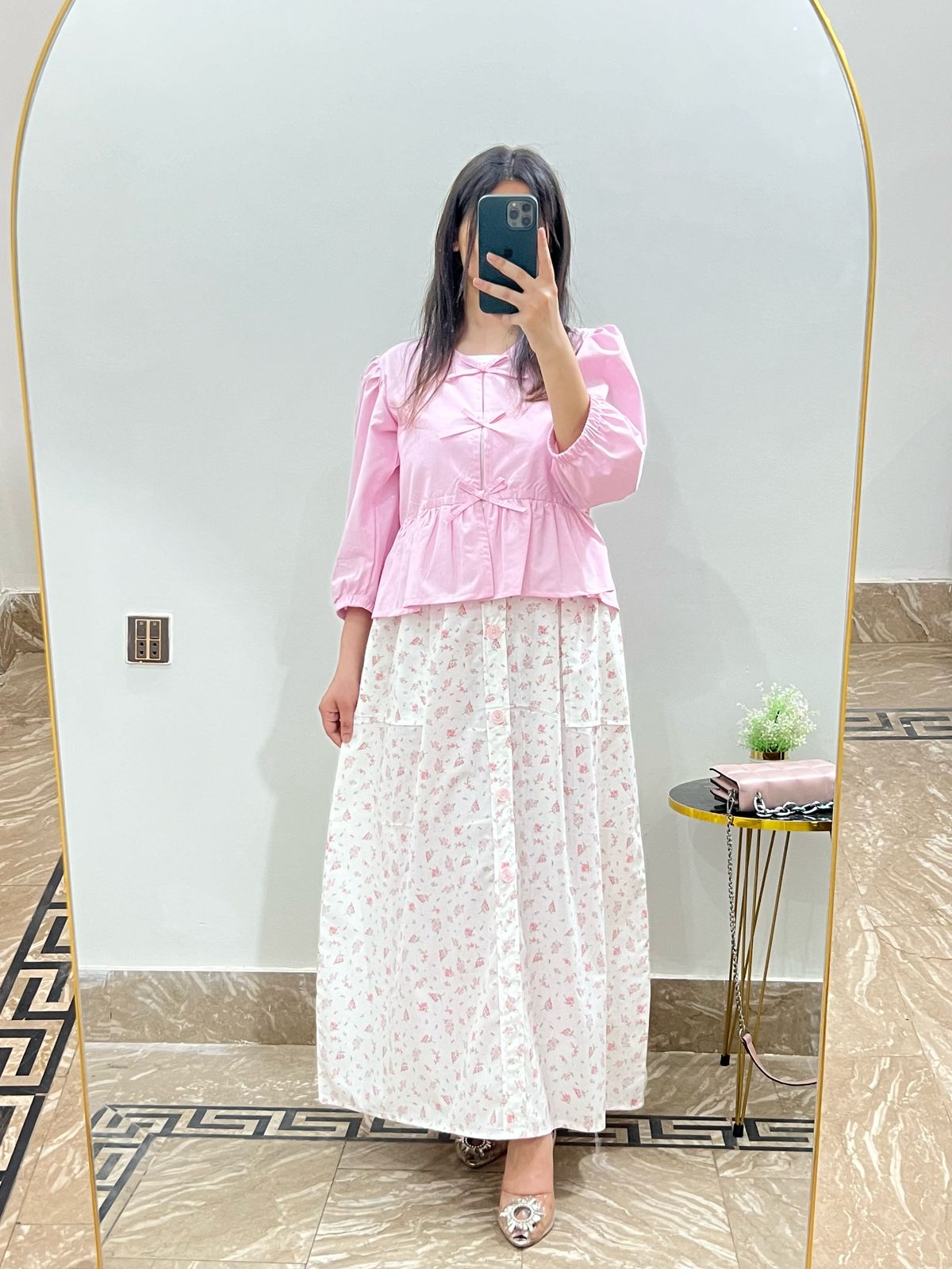 Pink Top With White Floral Printed Pockets Skirt