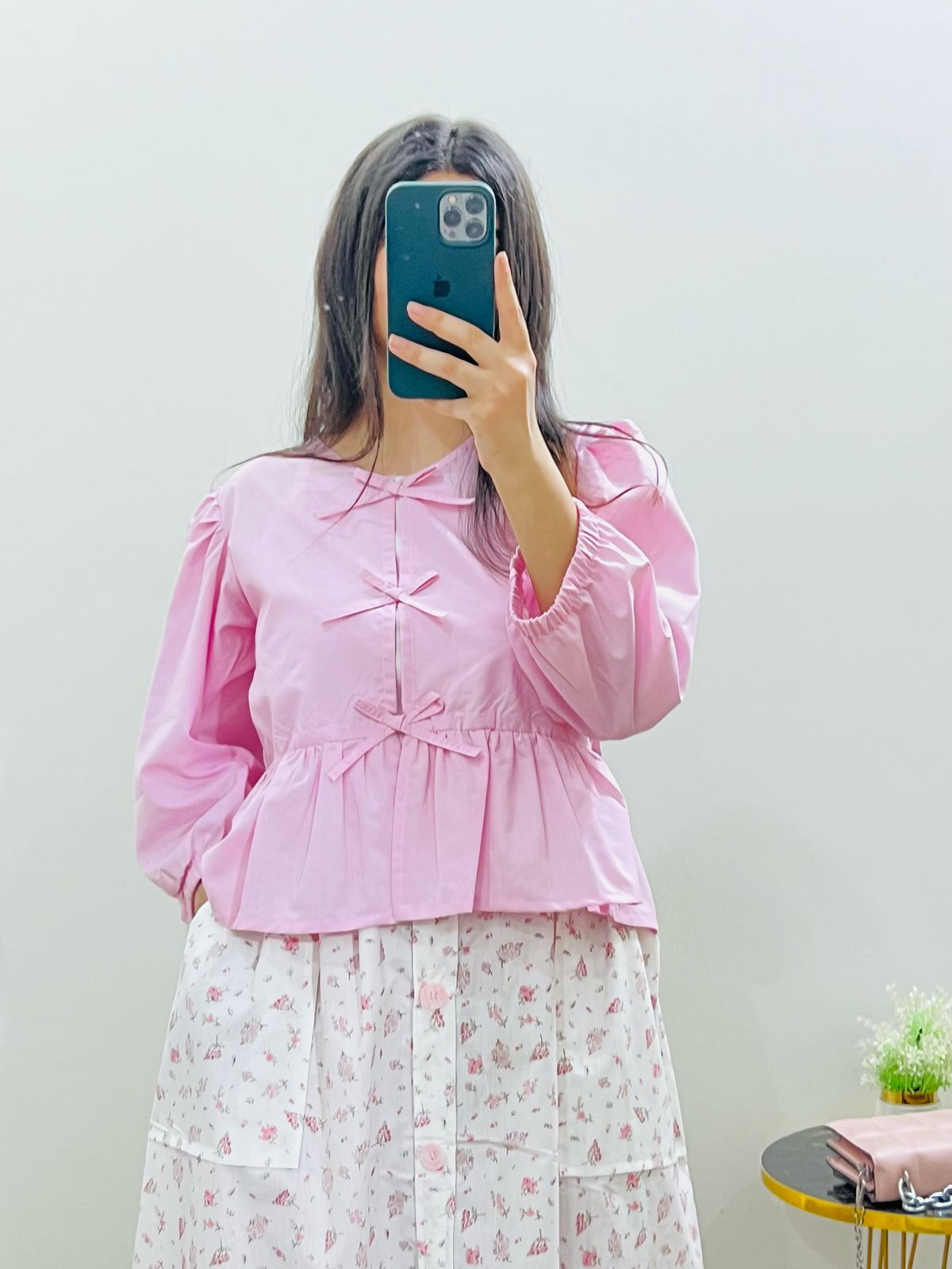 Pink Top With White Floral Printed Pockets Skirt