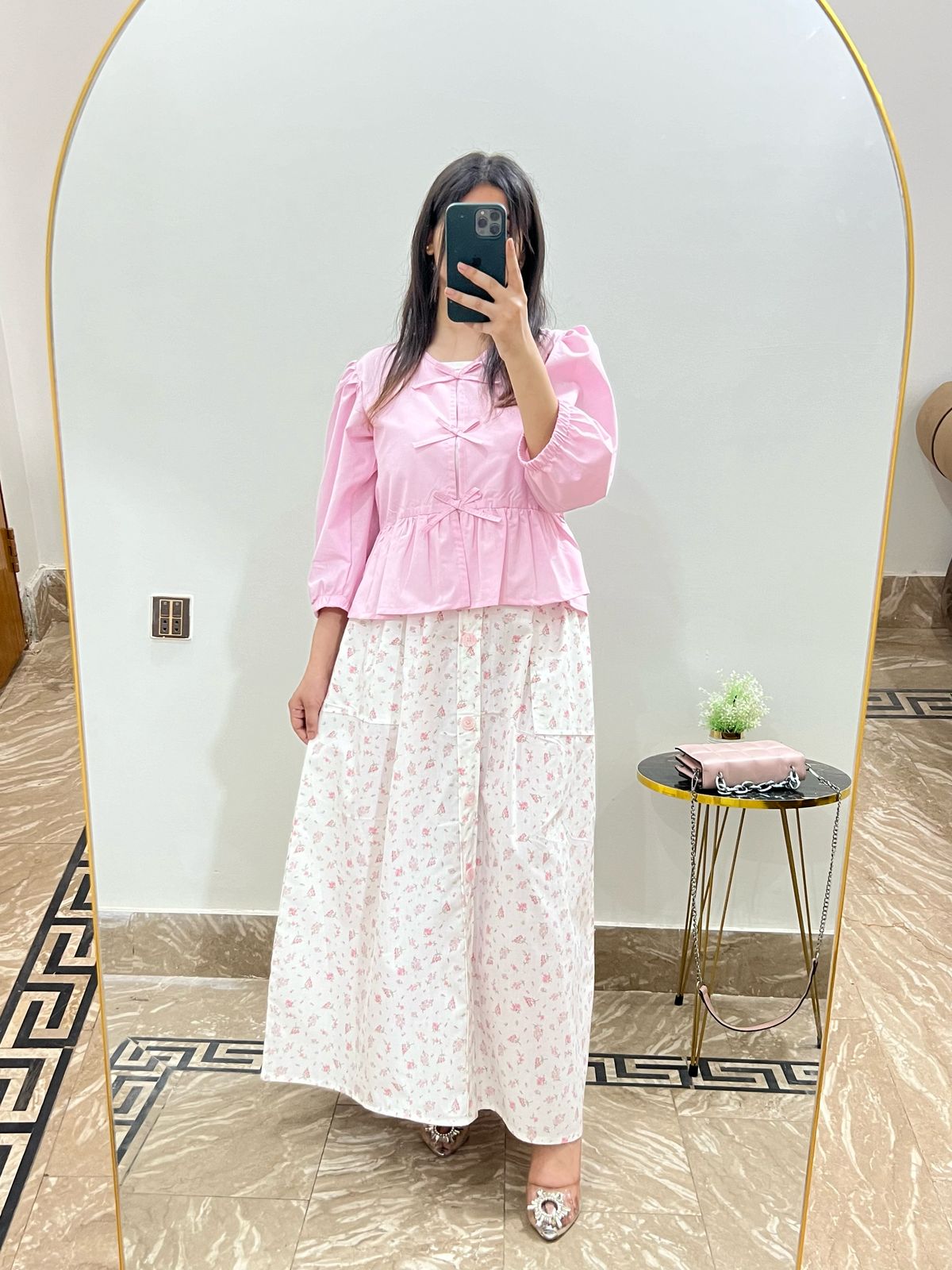Pink Top With White Floral Printed Pockets Skirt
