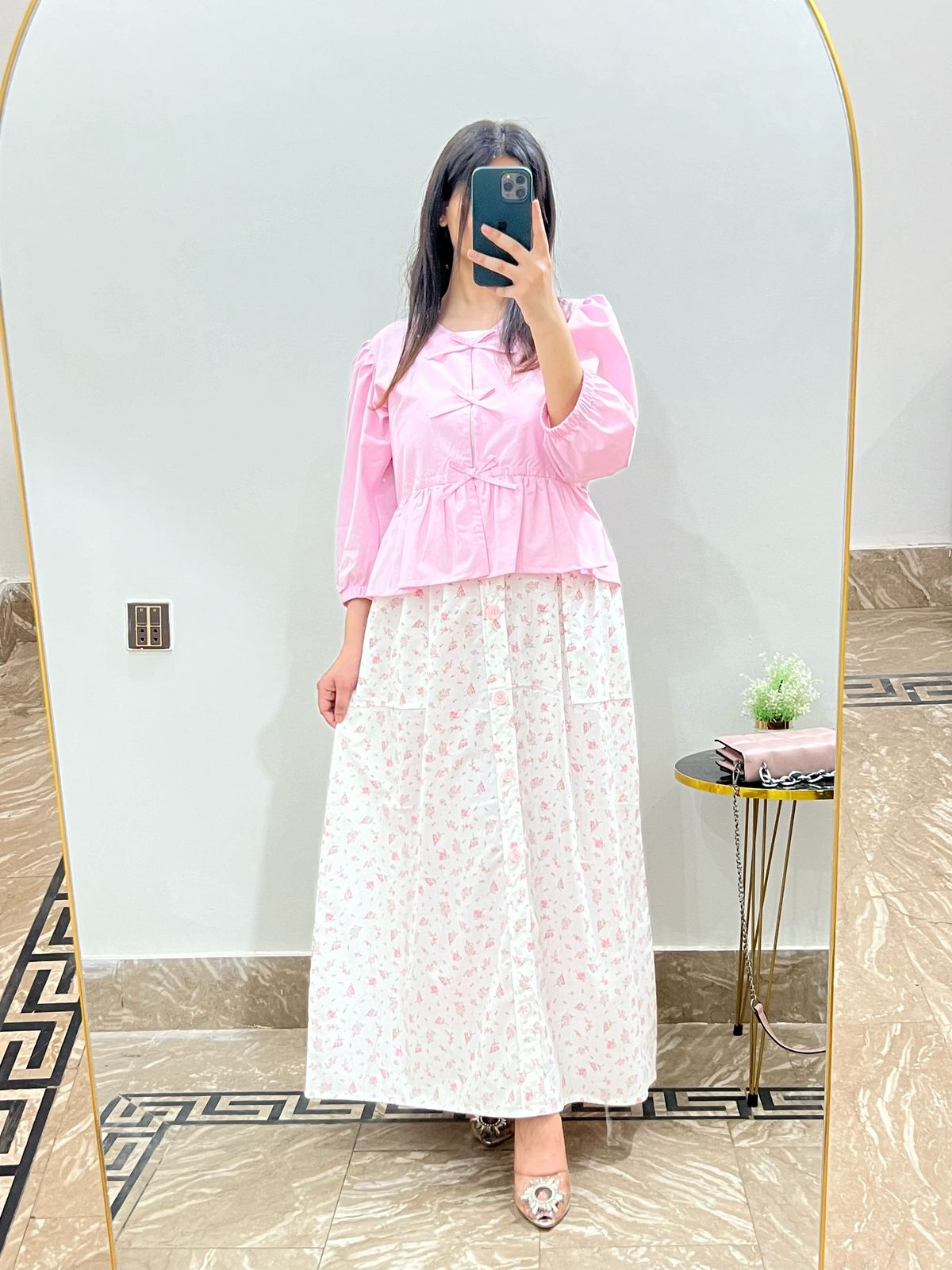 Pink Top With White Floral Printed Pockets Skirt