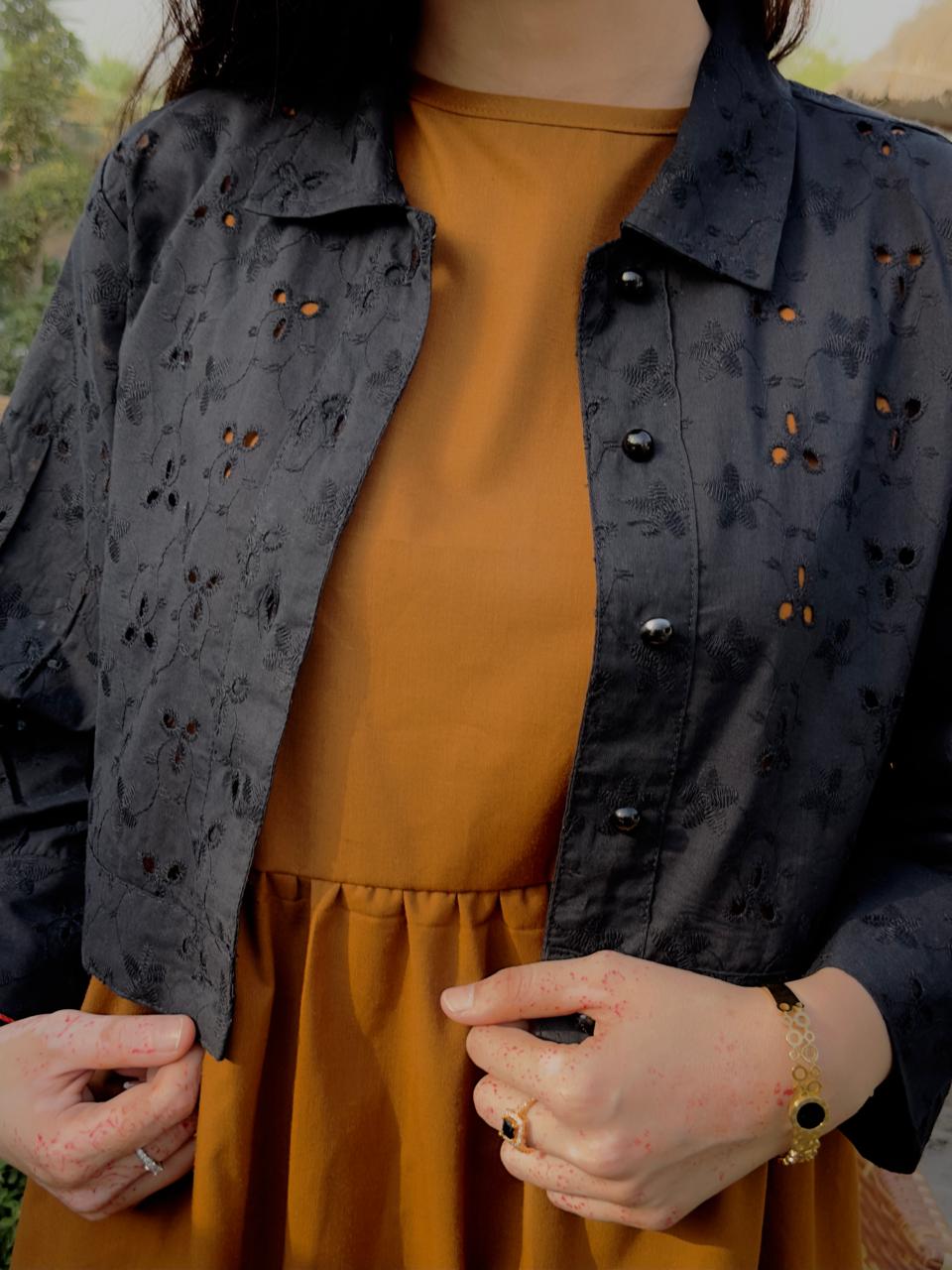 Black Chickenkari Coat With Plain Brown Frock