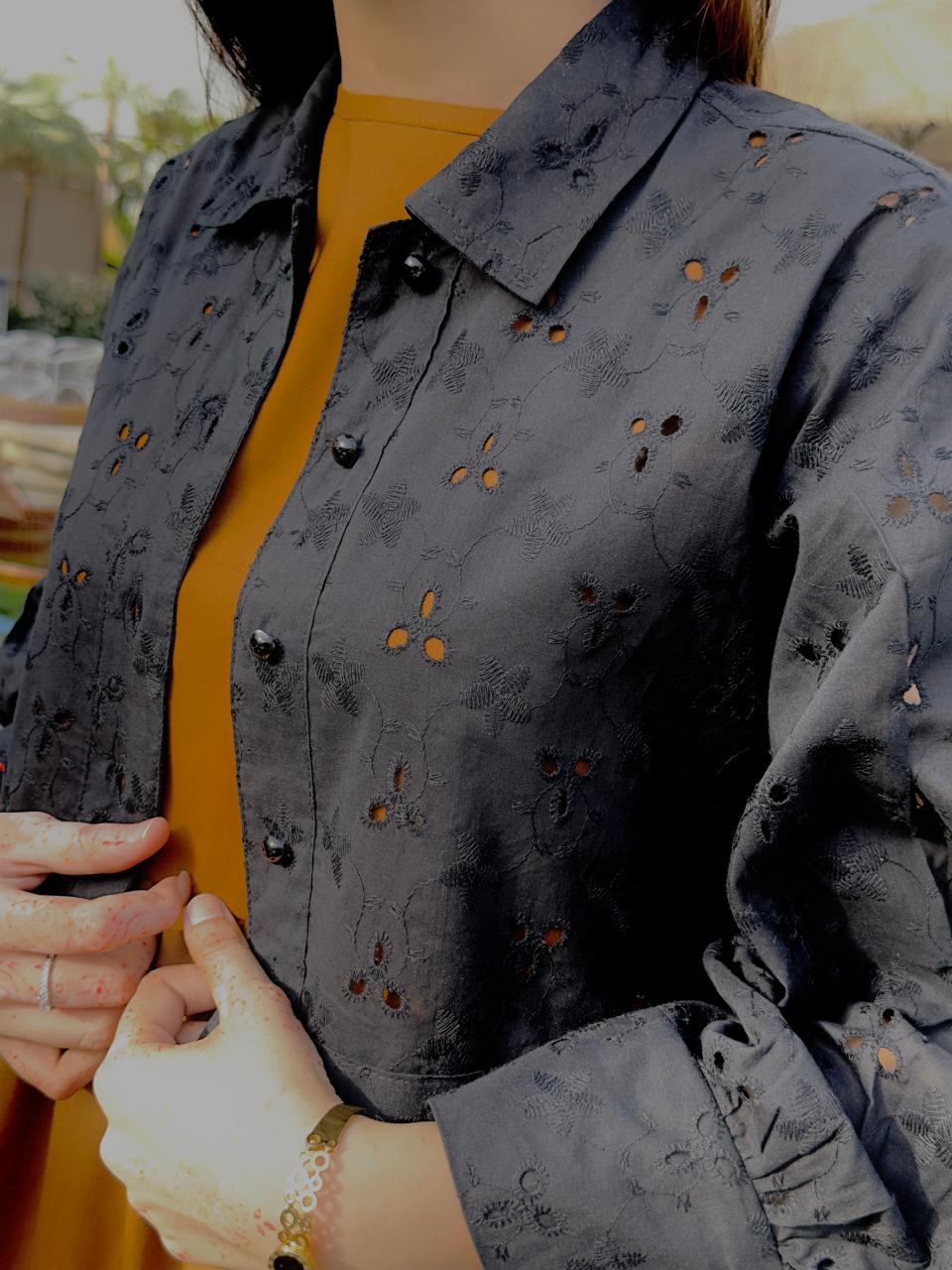 Black Chickenkari Coat With Plain Brown Frock
