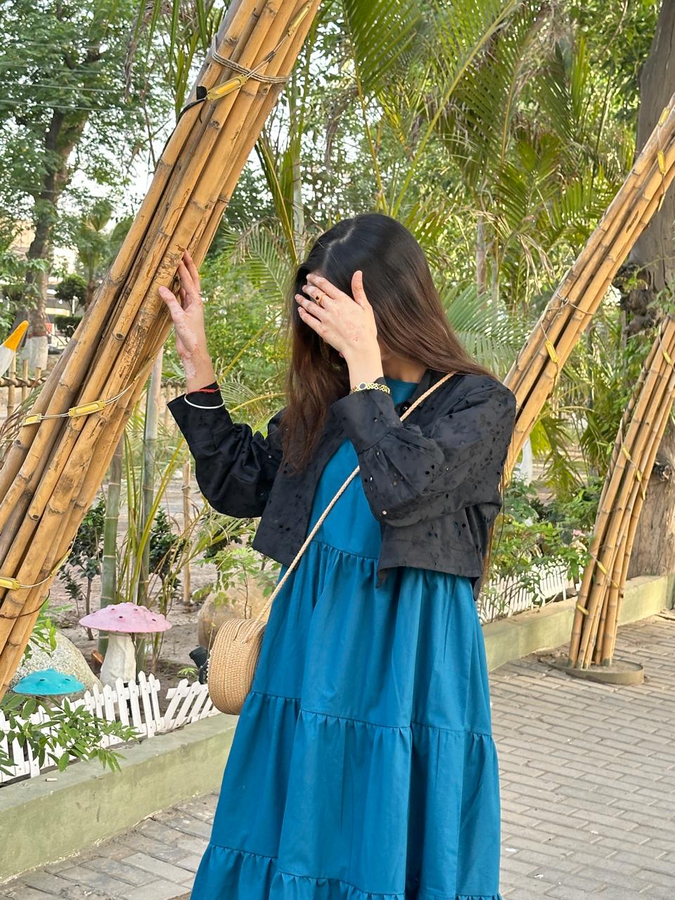 Black Chikenkari Coat With Plain Zink Frock
