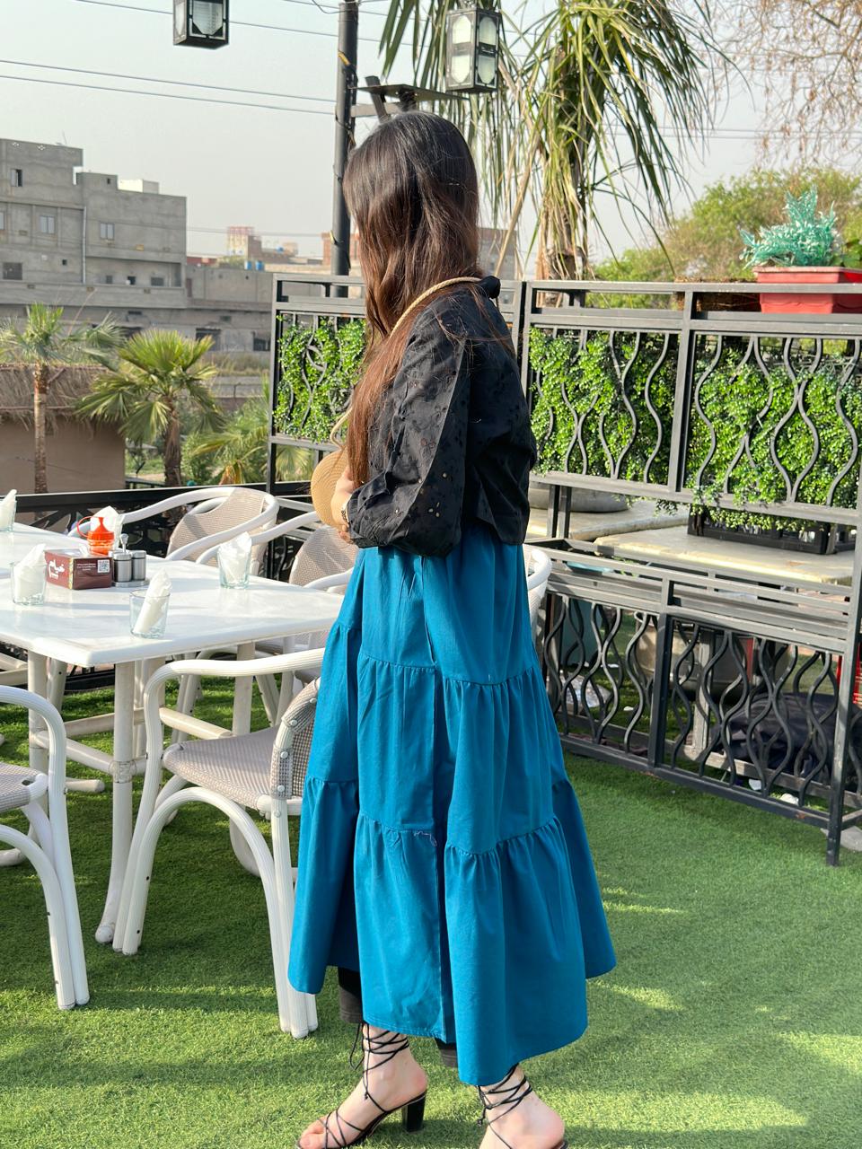 Black Chikenkari Coat With Plain Zink Frock