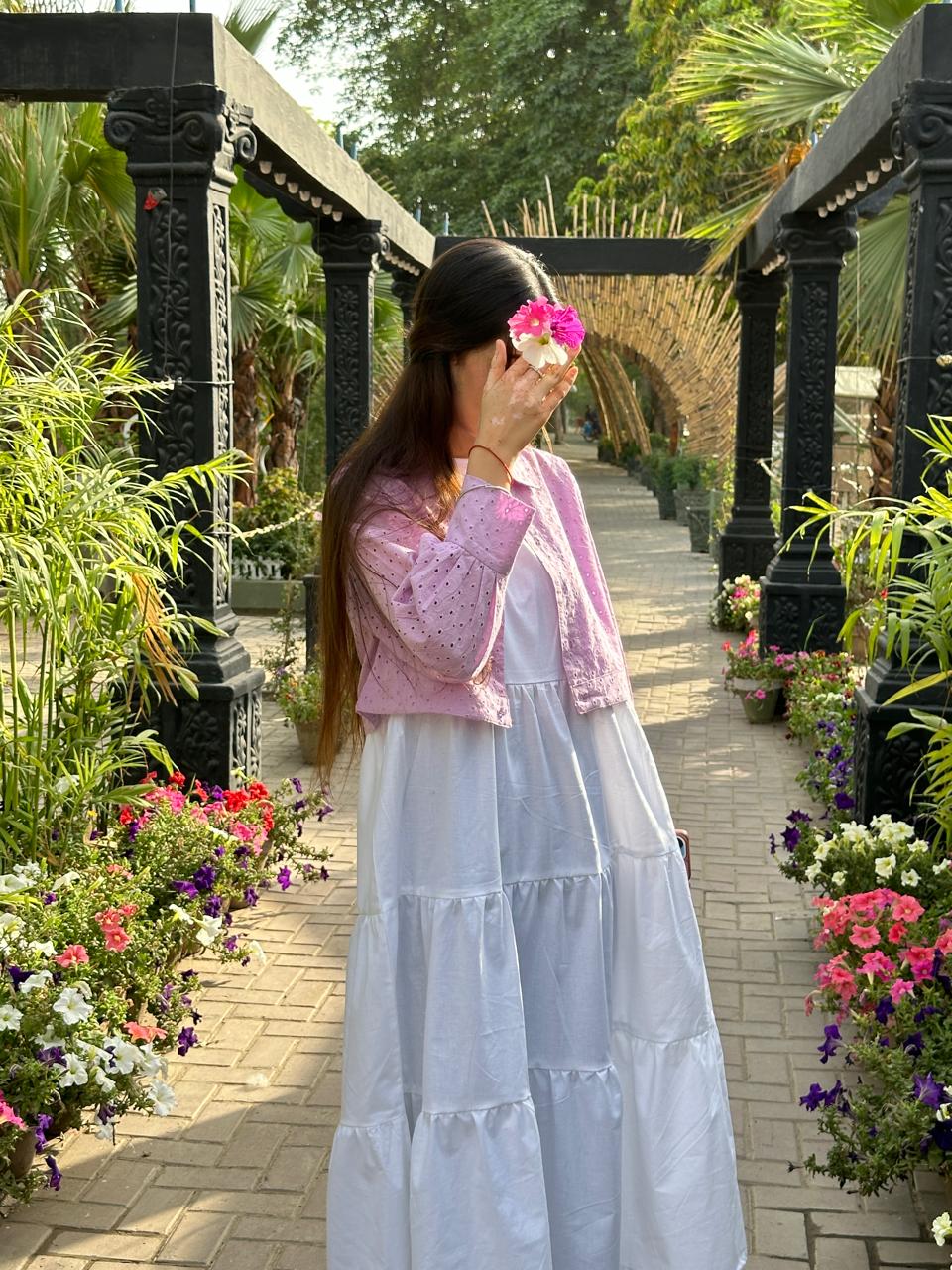Baby Pink Chikenkari Coat With Plain White Frock