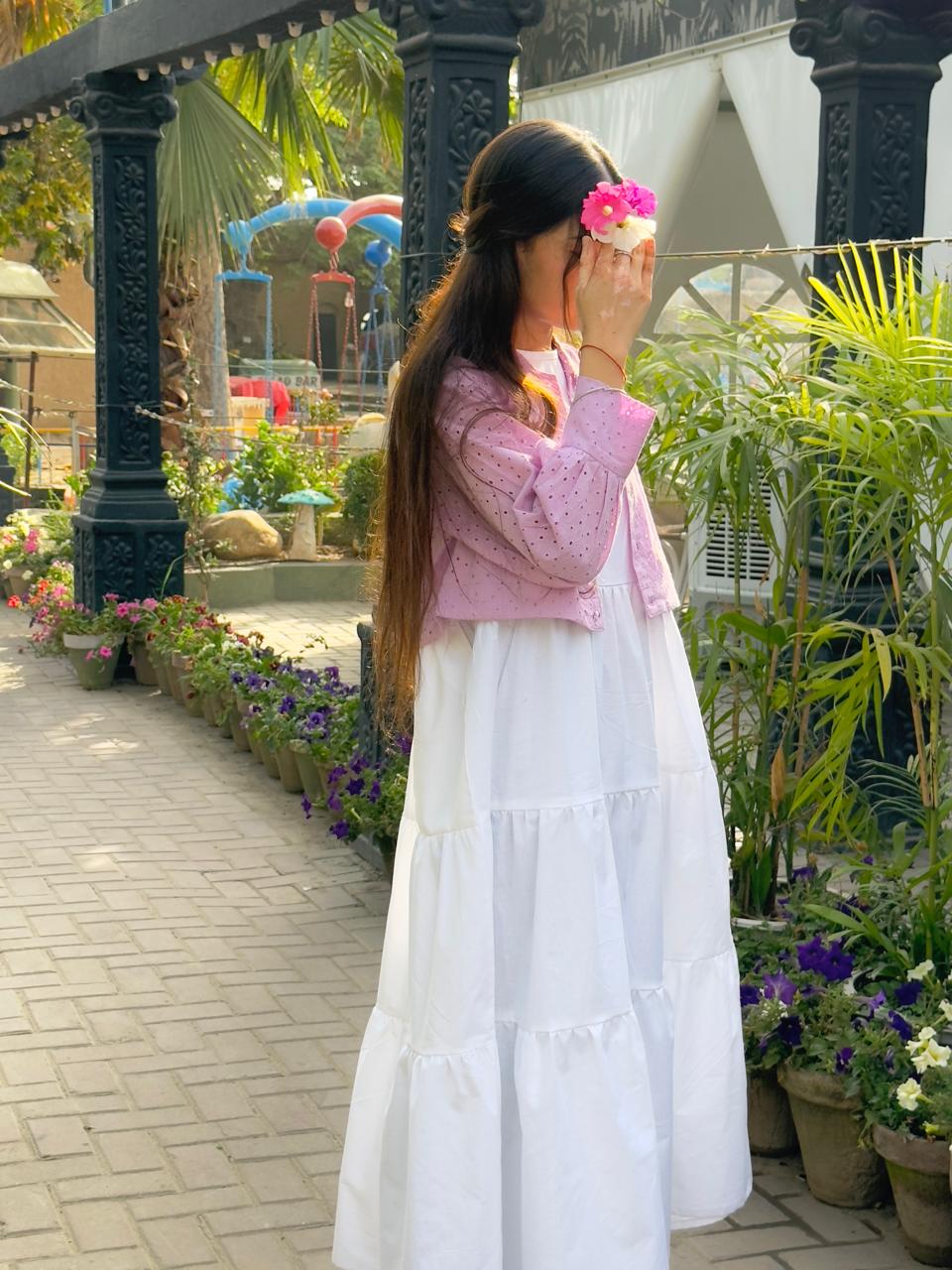 Baby Pink Chikenkari Coat With Plain White Frock