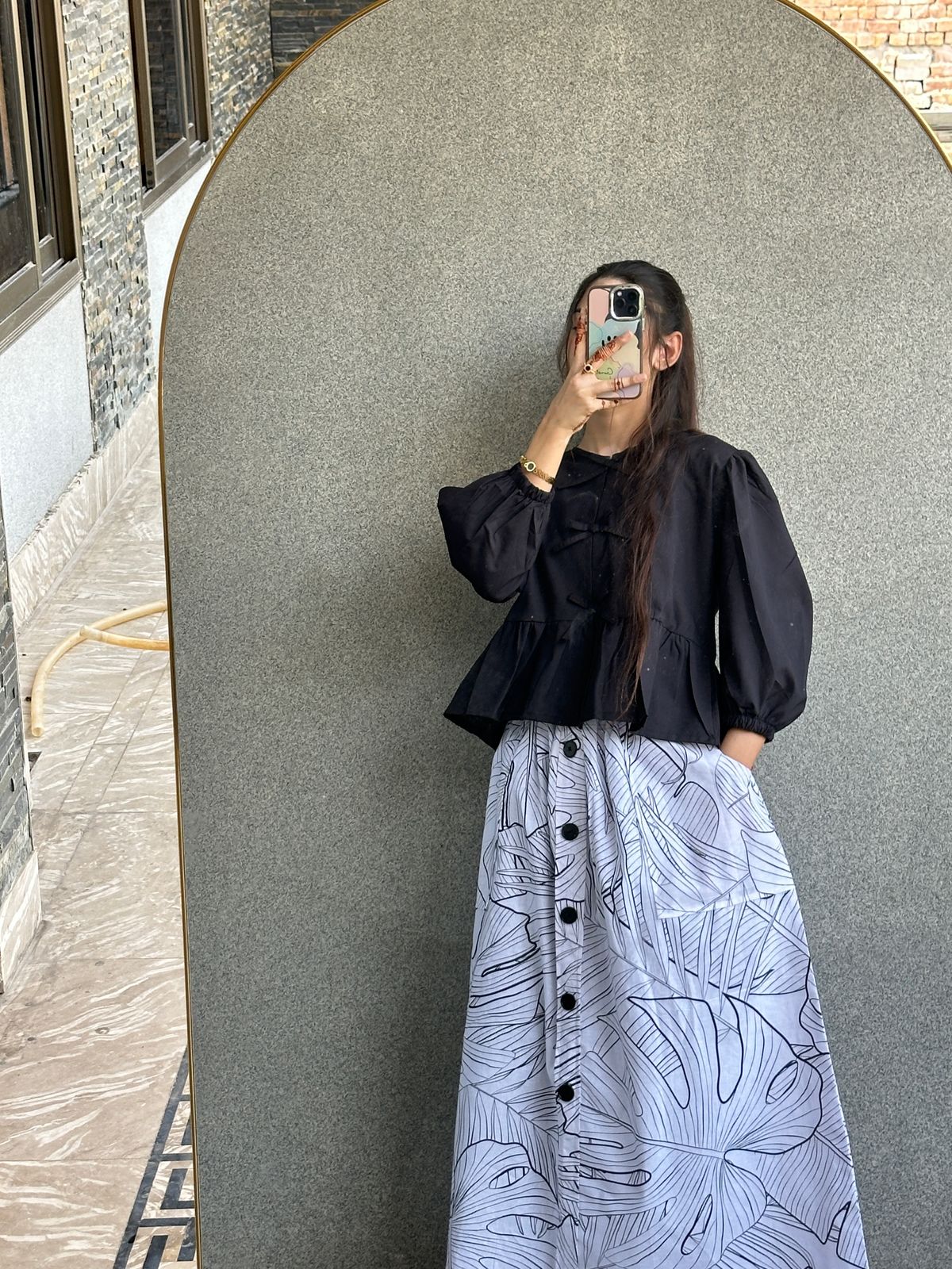 Black Mini Top With White Printed Pockets Skirt