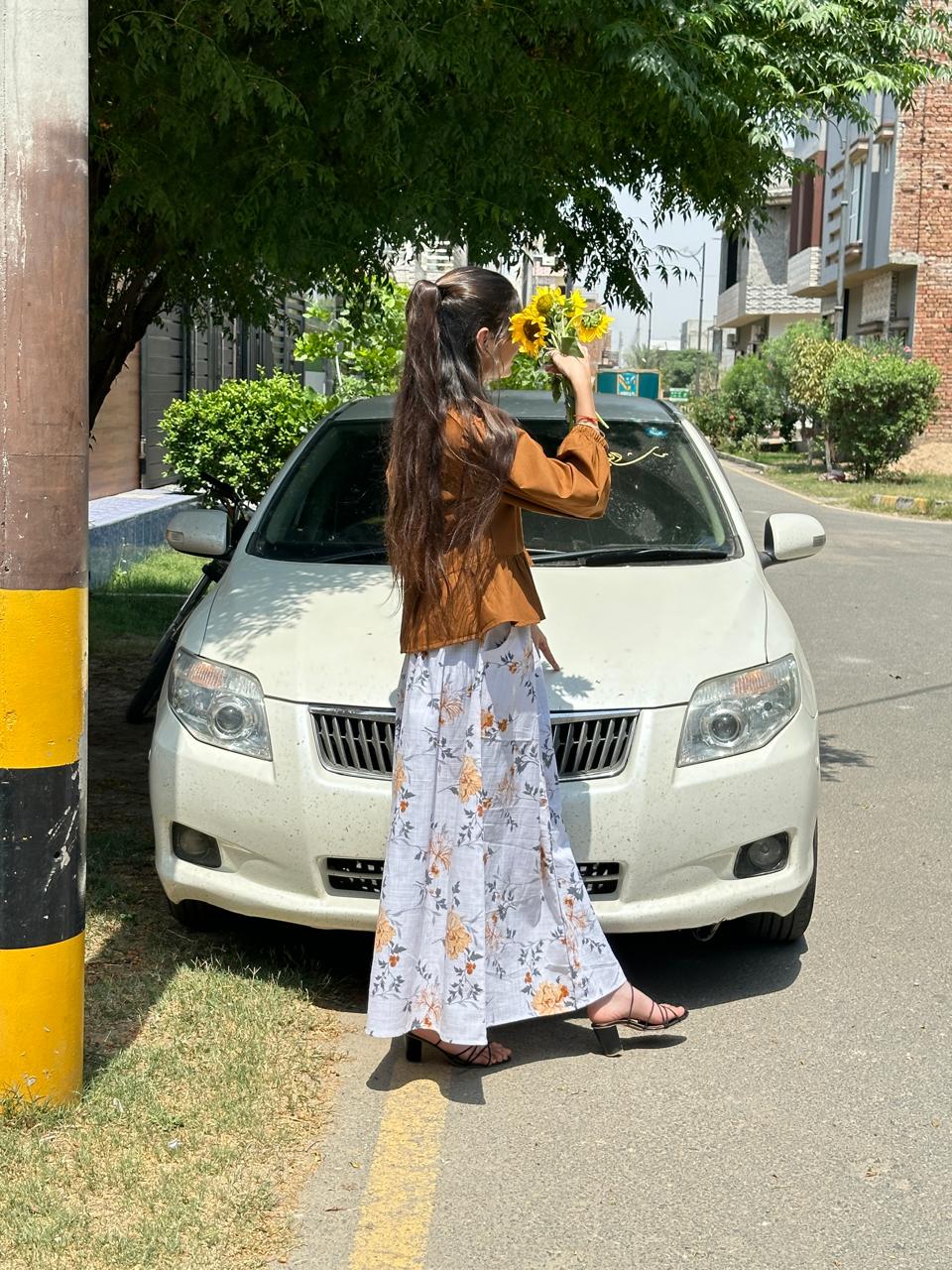 Brown Mini Top With White Printed Pockets Skirt