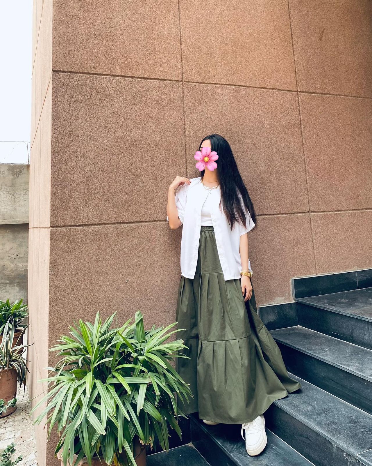 White Shirt Olive Skirt
