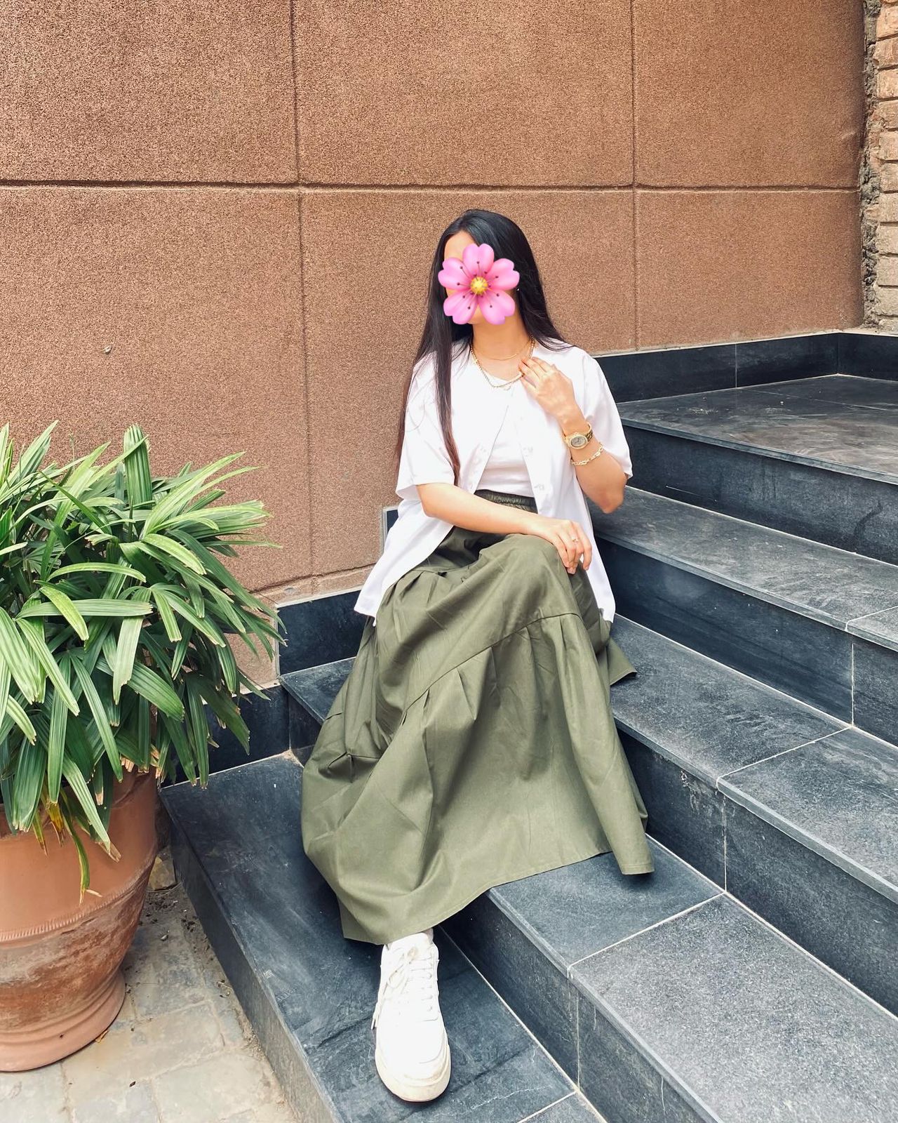 White Shirt Olive Skirt