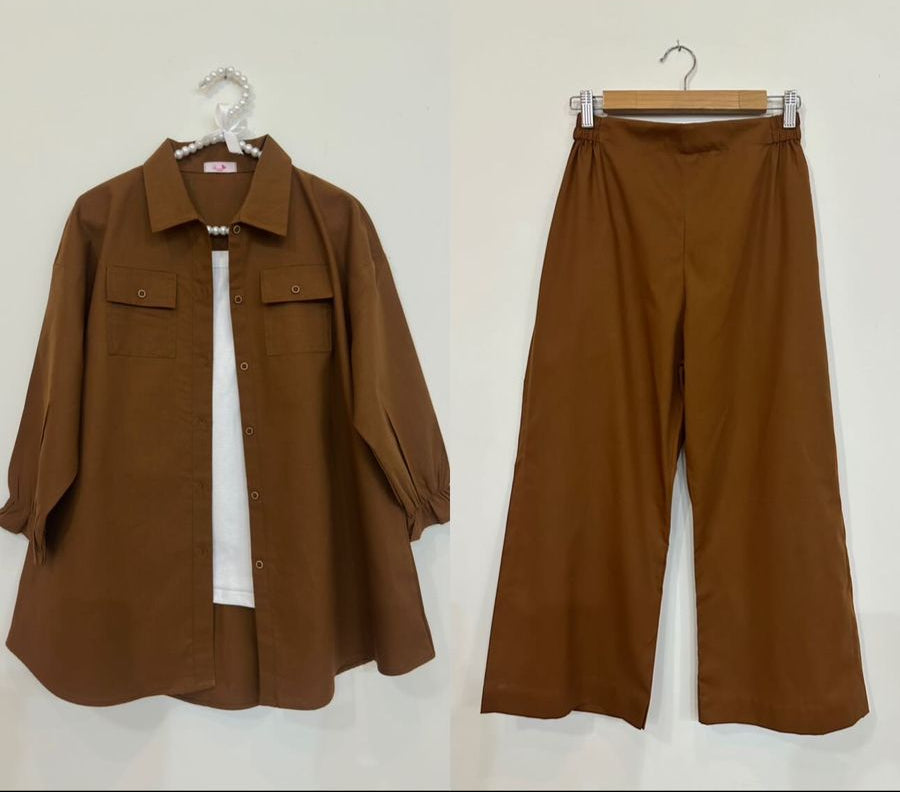 Brown Button Down Pockets Shirt With Trouser