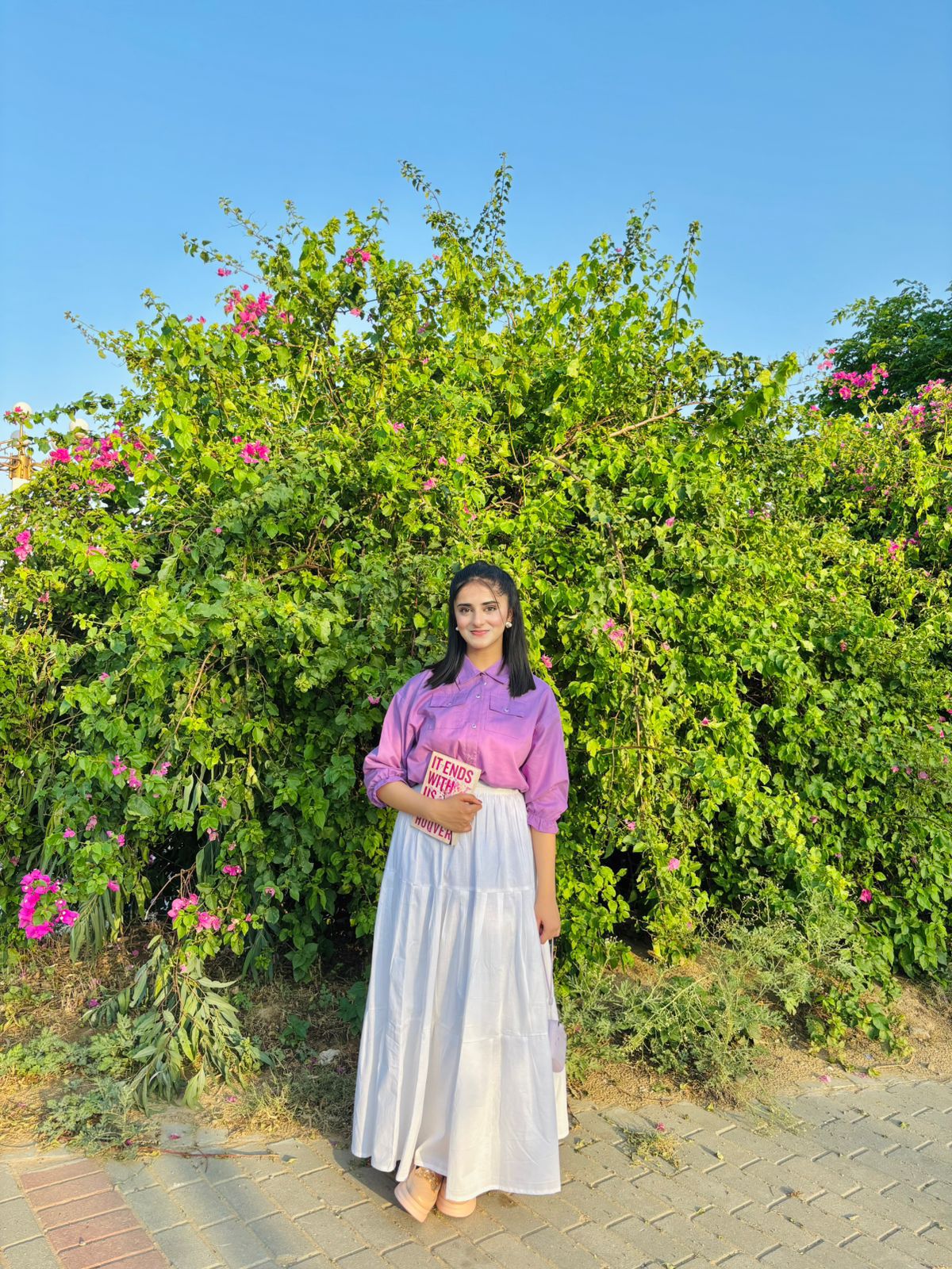 Lavender Pockets Shirt White Skirt