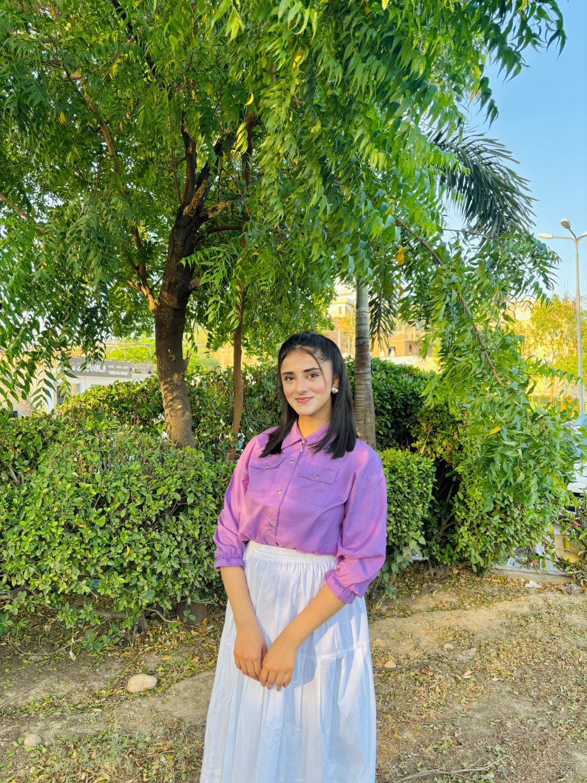 Lavender Pockets Shirt White Skirt
