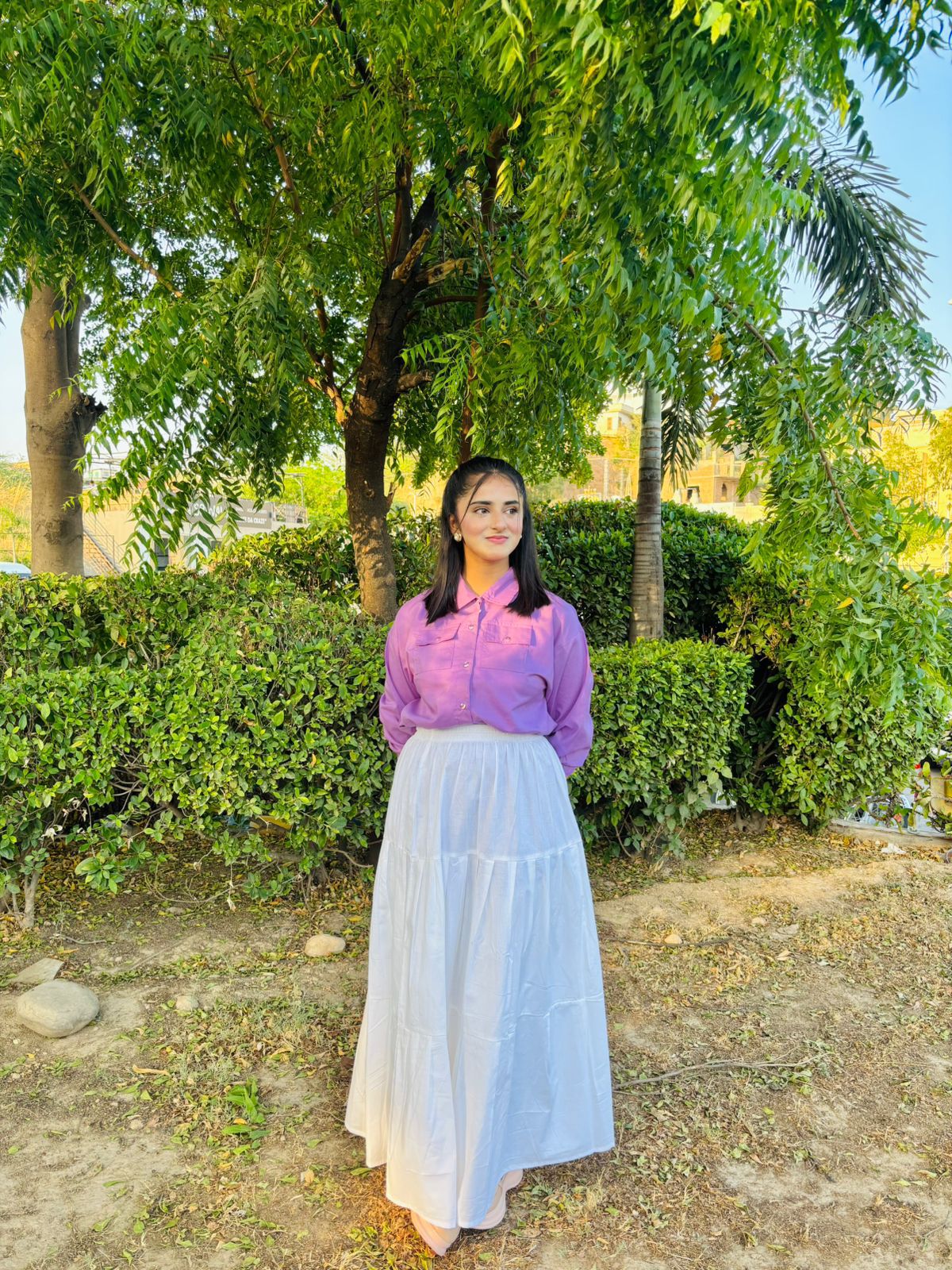 Lavender Pockets Shirt White Skirt