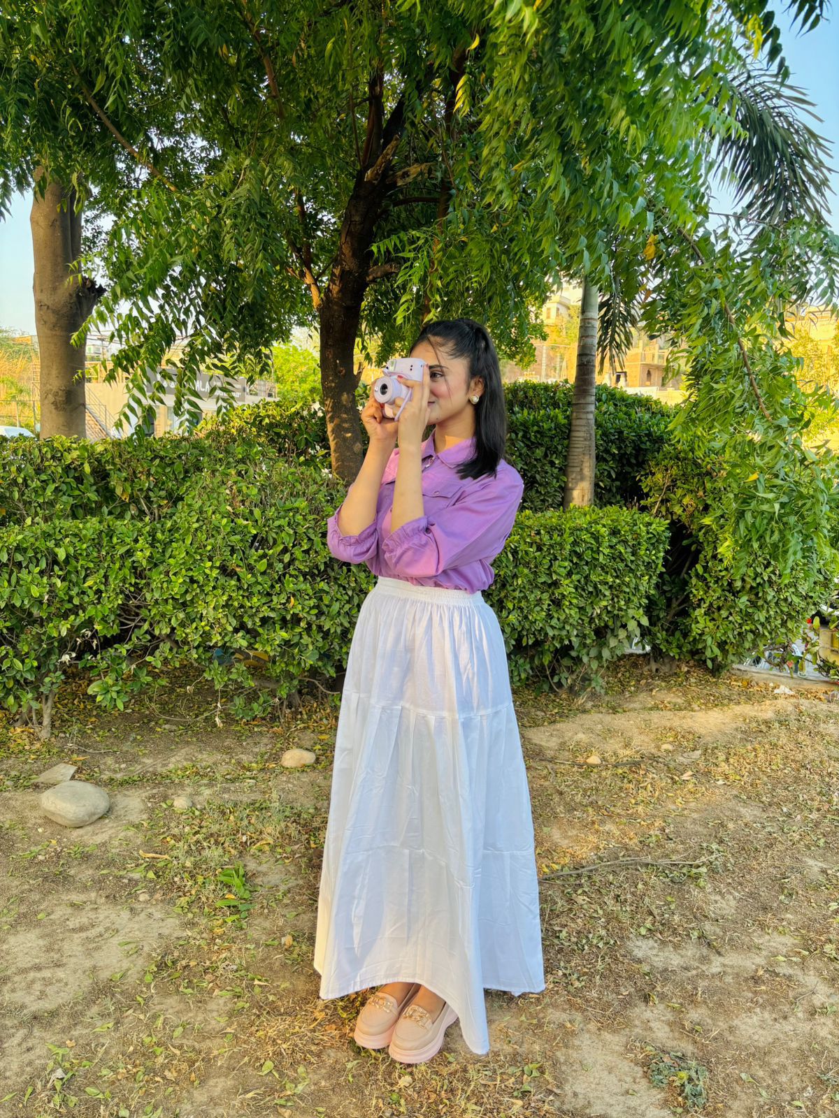 Lavender Pockets Shirt White Skirt