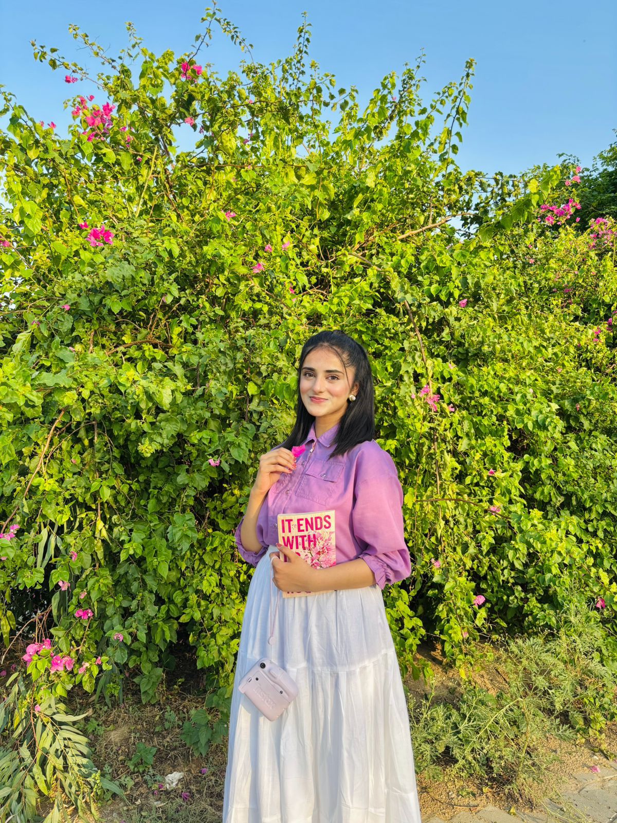 Lavender Pockets Shirt White Skirt