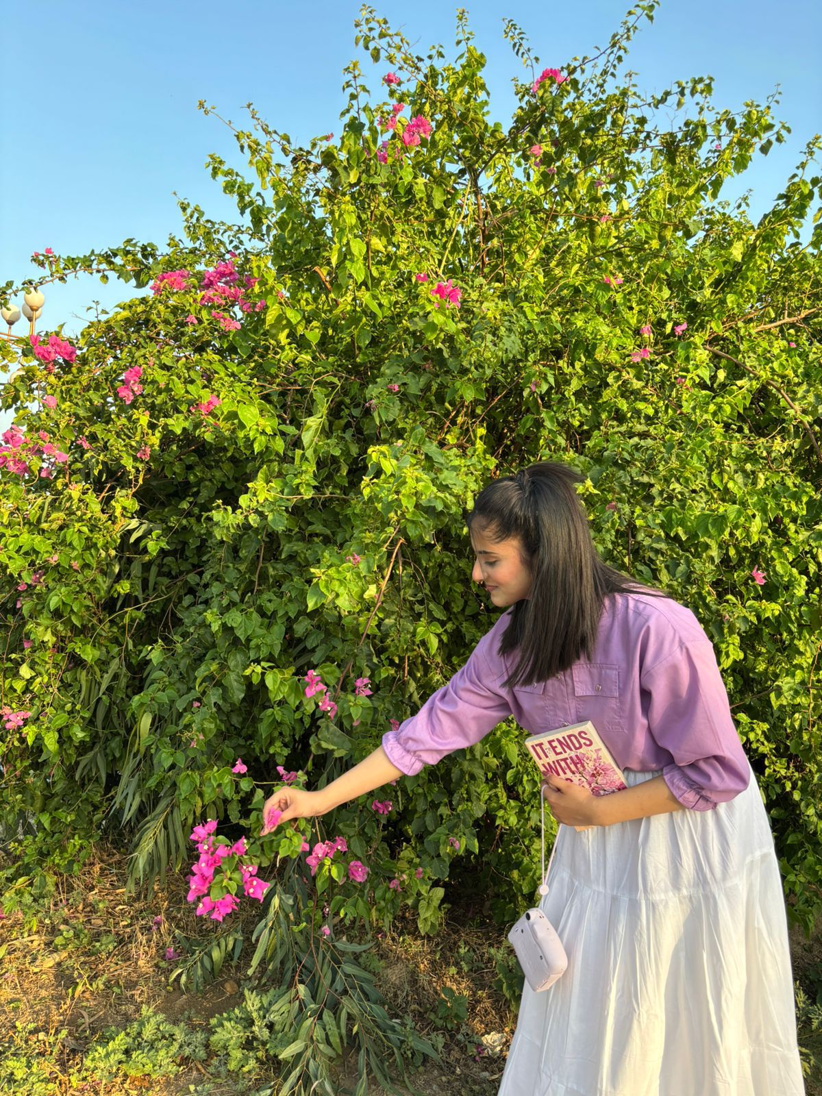 Lavender Pockets Shirt White Skirt