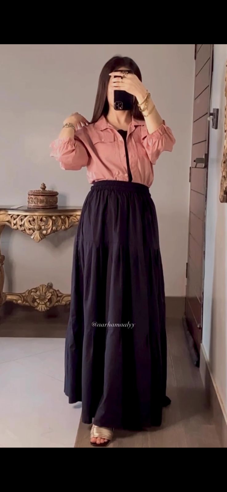 Peechy Keen Button Down Shirt & Black Three Tiered Skirt