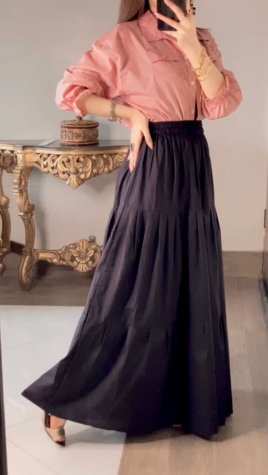 Peechy Keen Button Down Shirt & Black Three Tiered Skirt