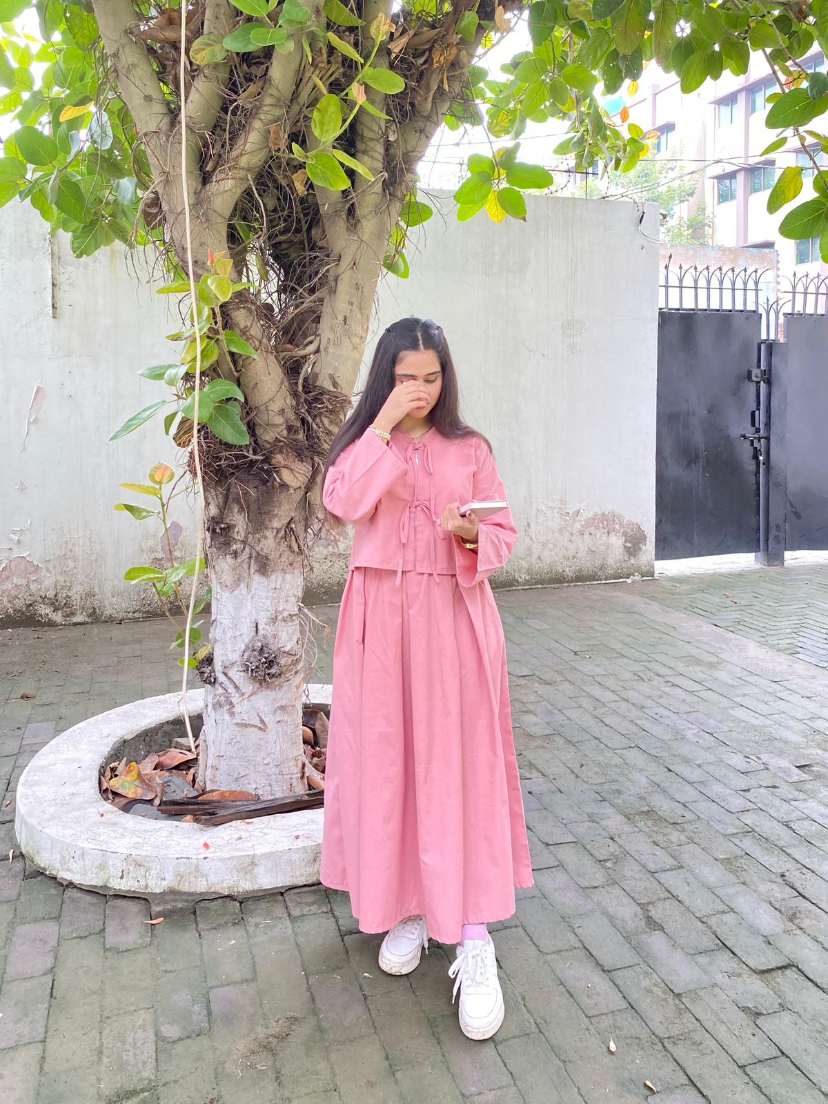Rose Pink Top & Box Pleated Skirt