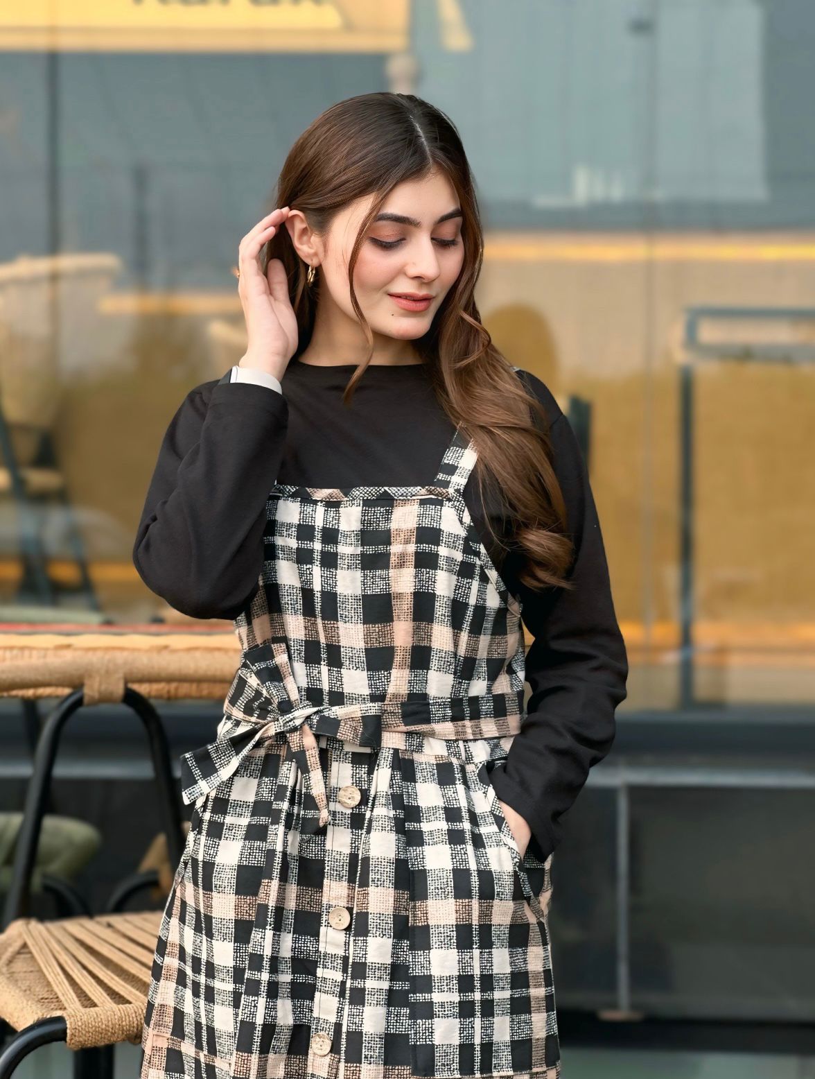 Brown Black Check Strip Square Check Belted Dress