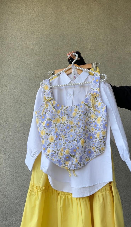 Marigold Corset Top, White Shirt & Yellow Skirt Set