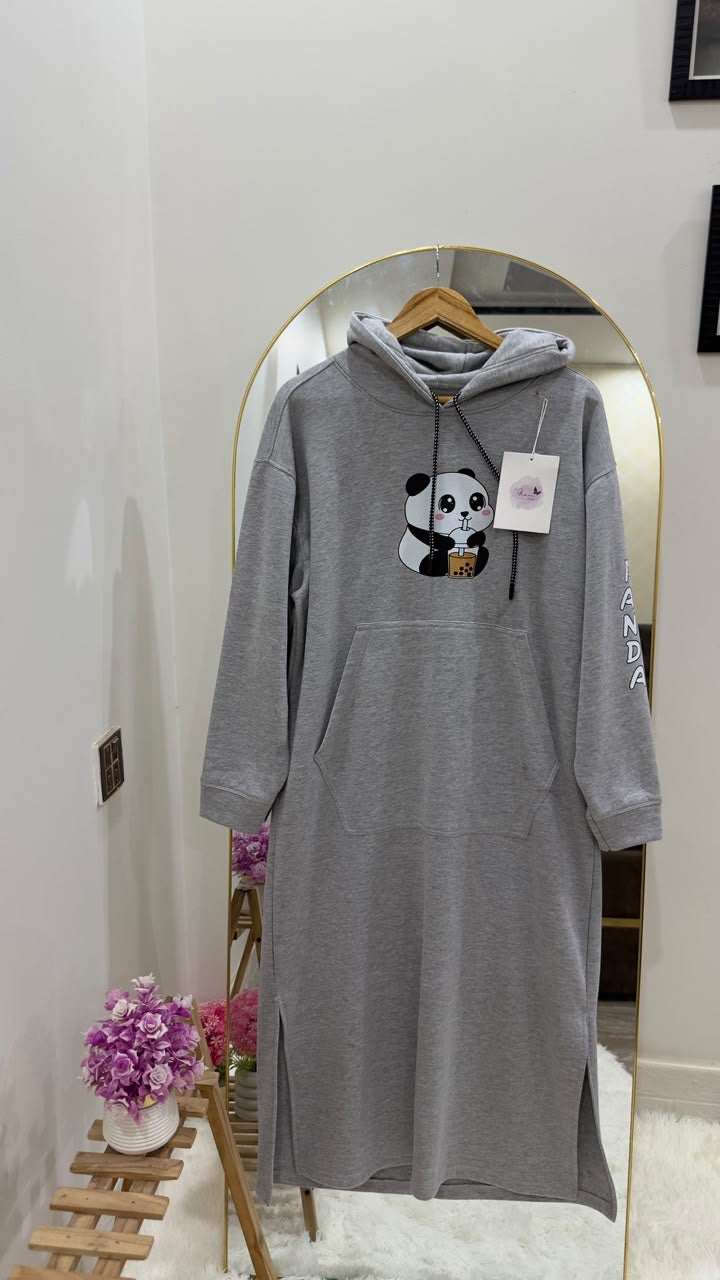 Grey Panda Boba Long Hoodie Dress