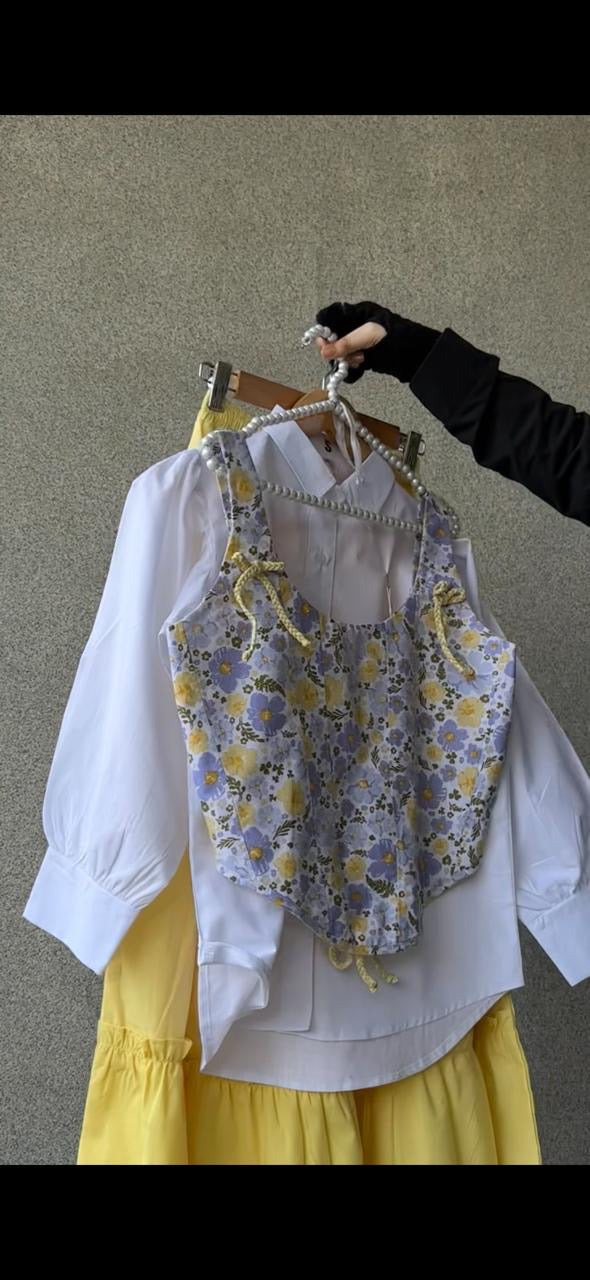 Marigold Corset Top, White Shirt & Yellow Skirt Set