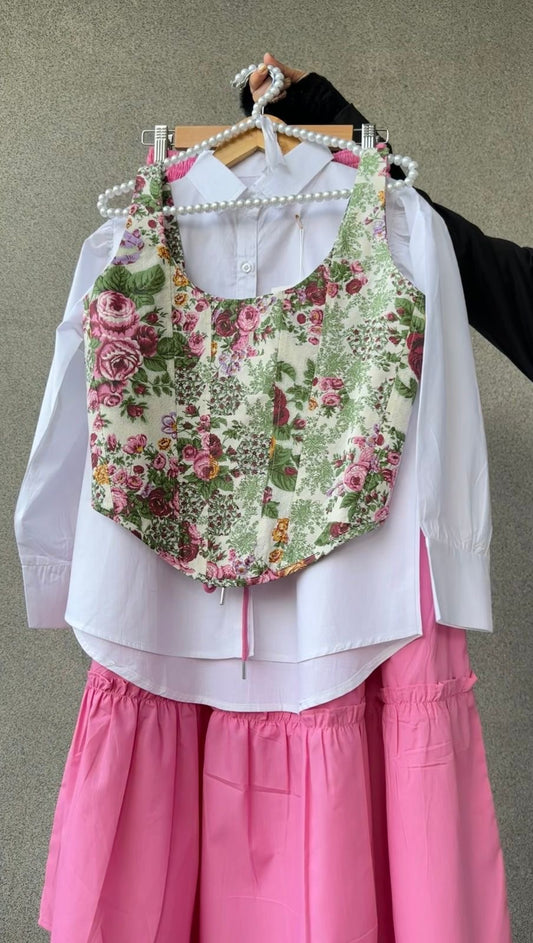 Floral Corset Top, White Shirt & Pink Skirt
