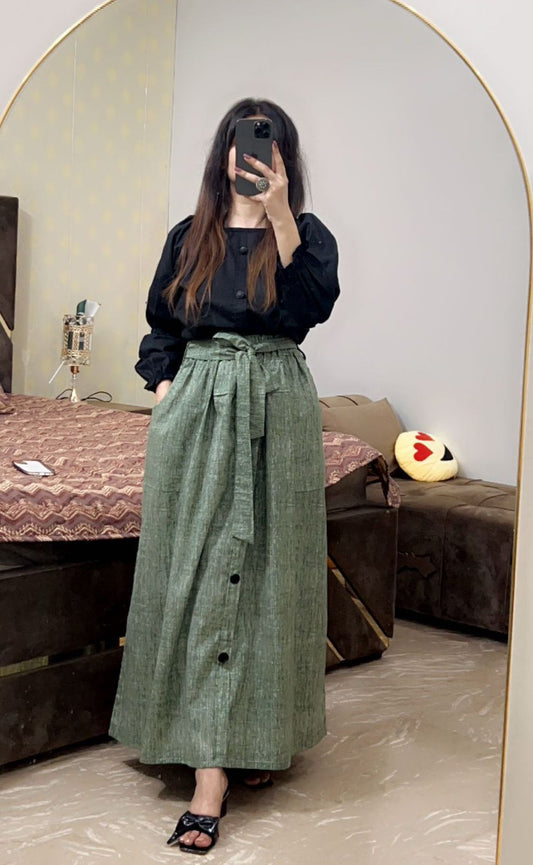 Black Shirt Greenish Pockets Skirt