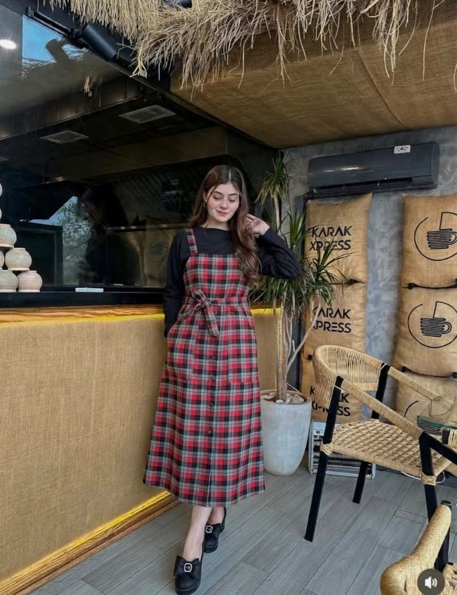 red  Black Check  Strip Square Check Belted Dress With Shirt (Copy 2)