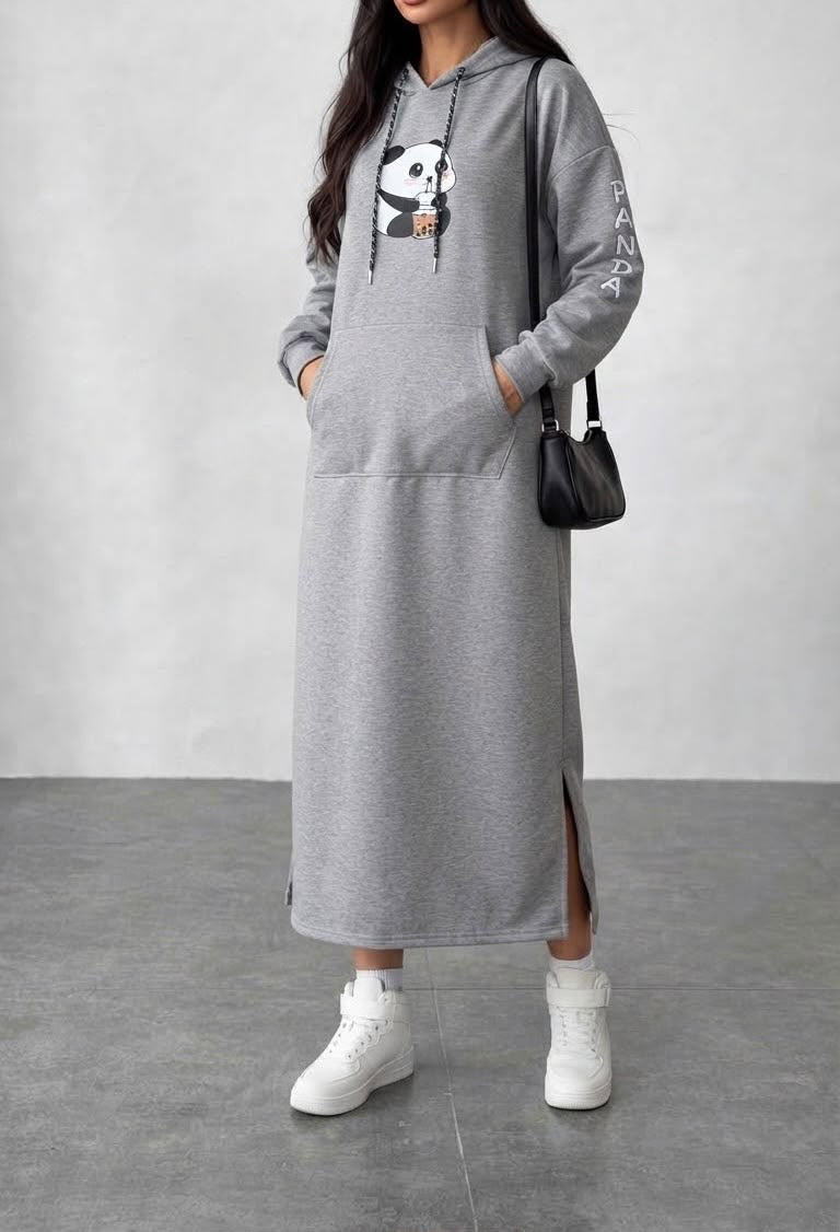 Grey Panda Boba Long Hoodie Dress