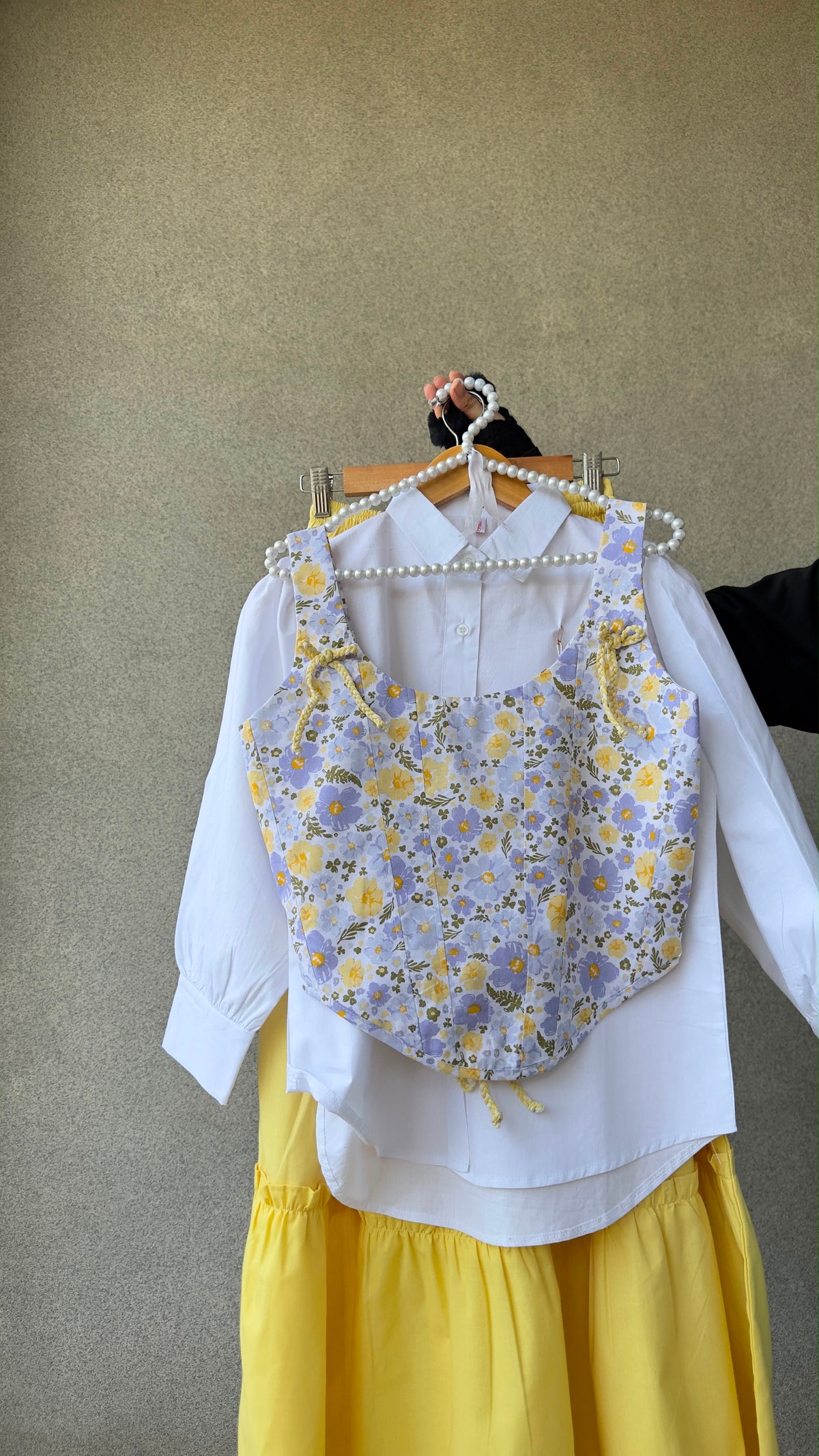 Marigold Corset Top, White Shirt & Yellow Skirt Set