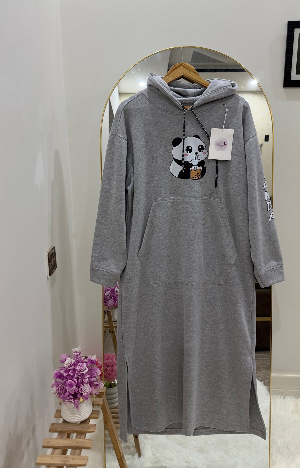 Grey Panda Boba Long Hoodie Dress