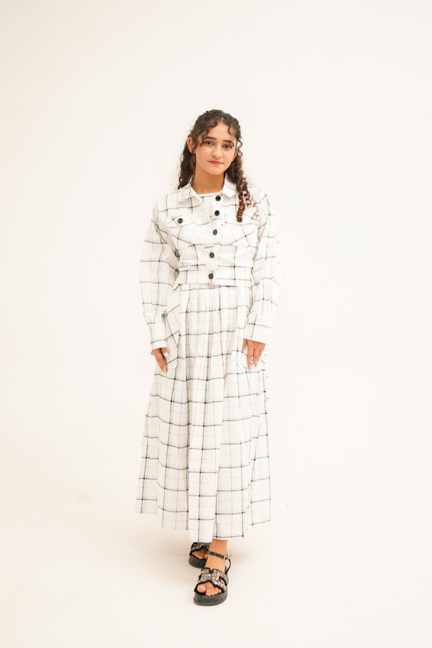 White Checkered Frock With  Button-Up Coat