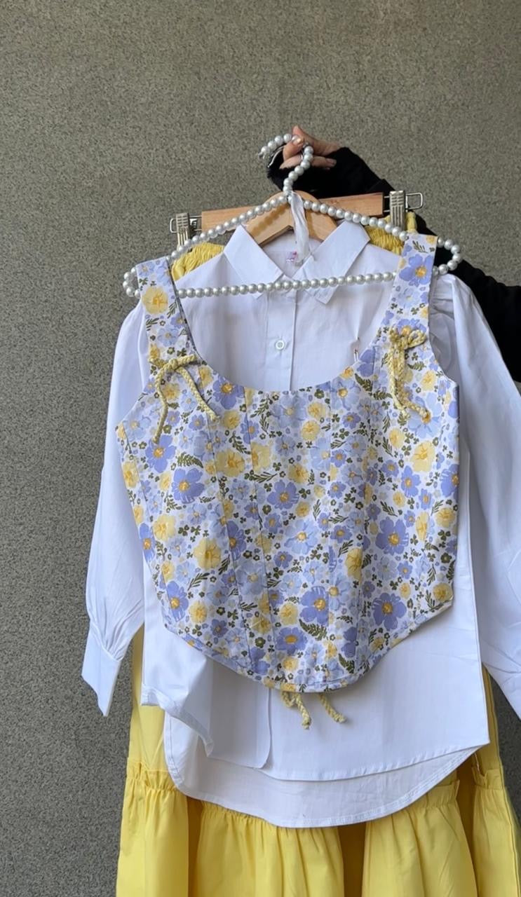 Marigold Corset Top, White Shirt & Yellow Skirt Set